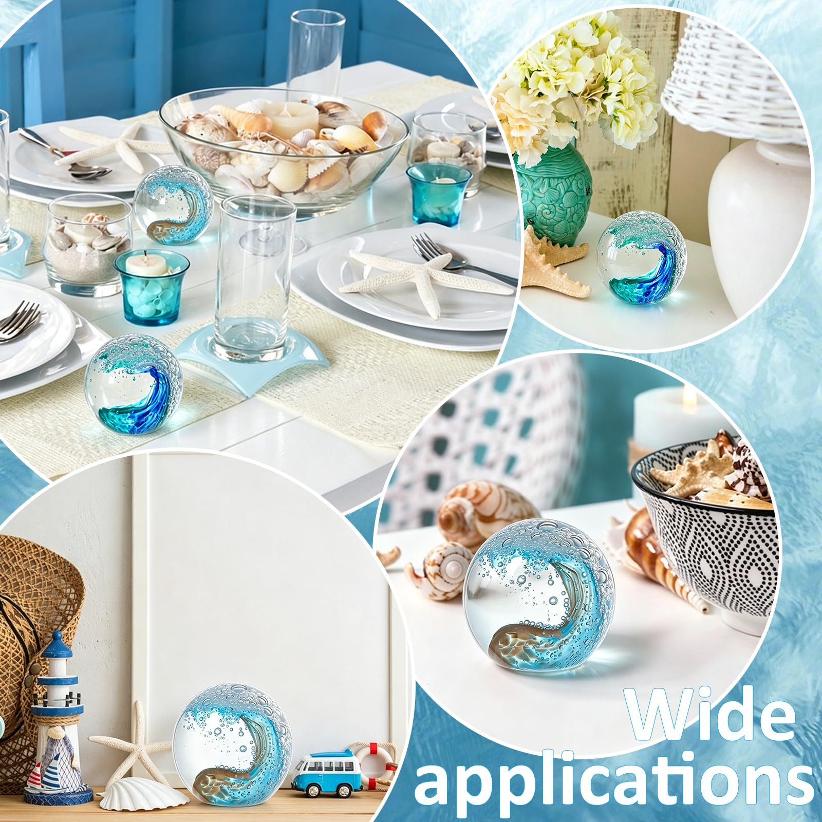 2 Stück Mundgeblasene Glaskugel In Form Einer Ozeanwelle Blaue Meereswellen Kristallfigur Briefbeschwerer Kugelförmiges Kristallkunstwerk Für Zuhause Büro Nautische Dekoration
