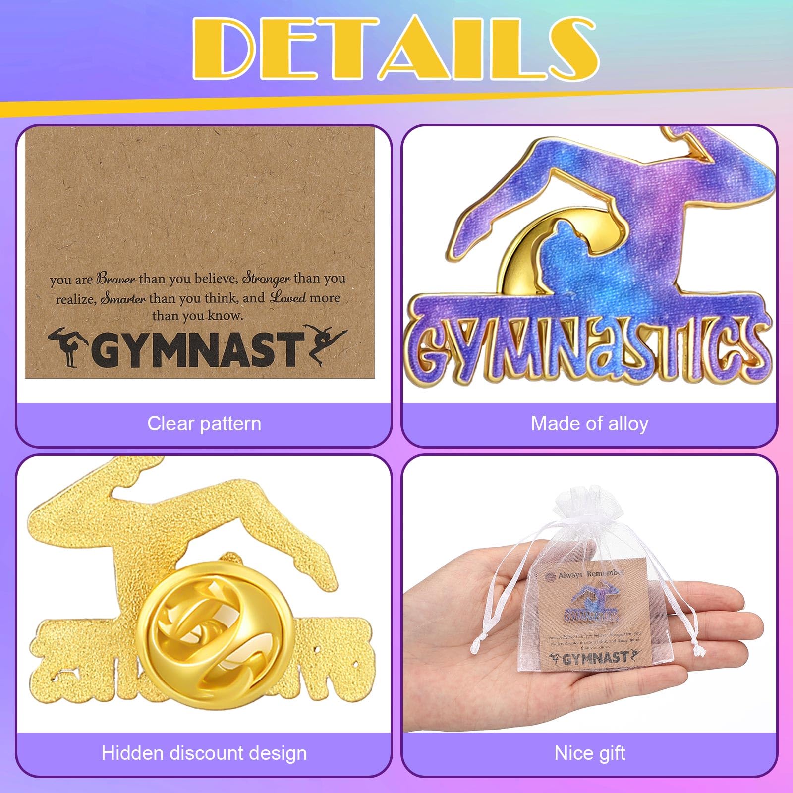 Hoteam 24 Sets Gymnastik Pin Geschenkset mit Gymnastik Anstecknadeln Karten Organza Beutel für Party Favors Award Button Cute Birthday Graduation Team Geschenke