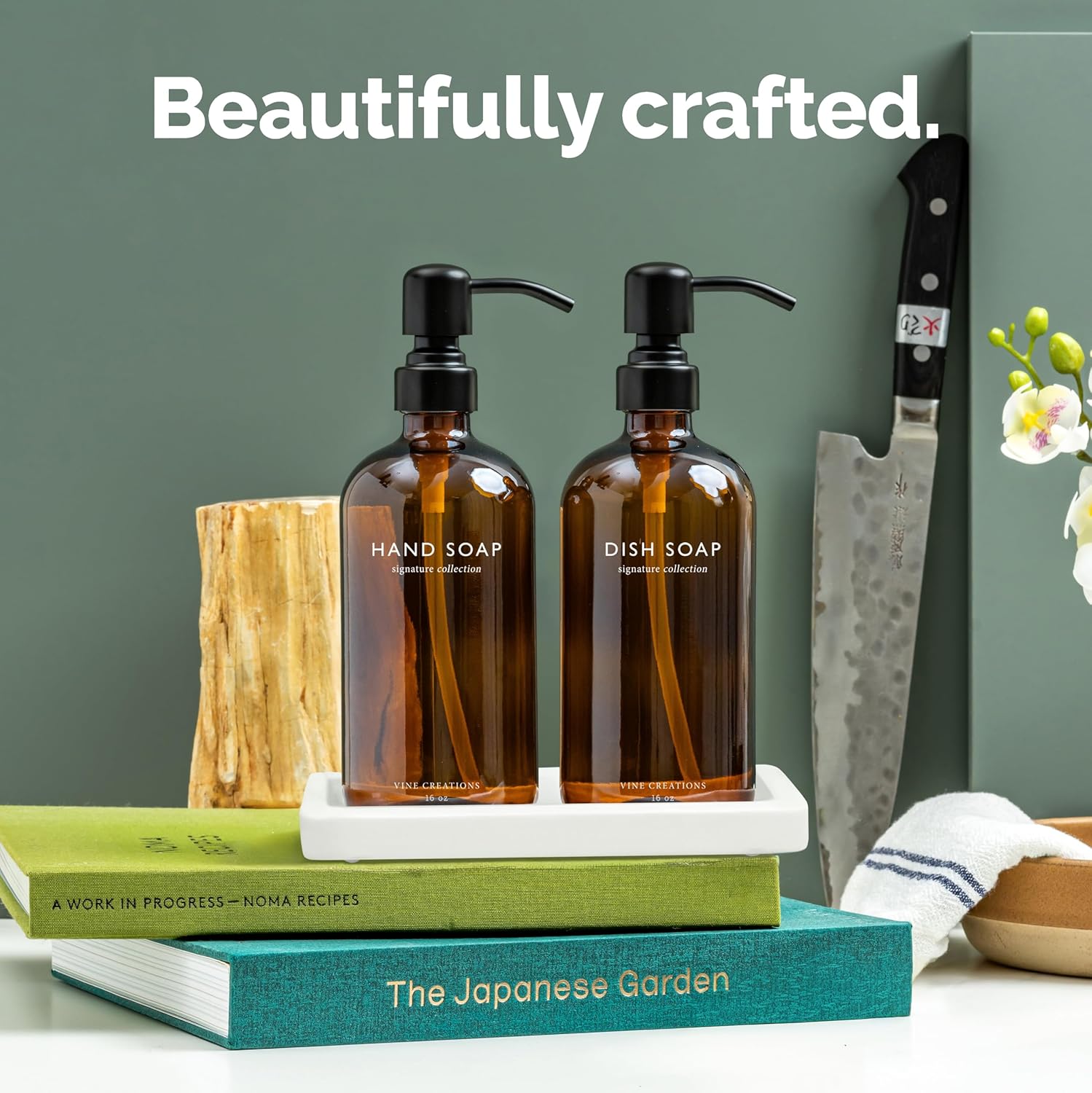 Vine Creations Amber Glass Soap Dispenser Set, Kitchen Soap Dispenser Set with Ceramic Tray, 16 oz Dish Soap and Hand Soap Dispensers with Stainless Steel Pump Decor (Amber Bottle/Matte Black) - Image 2