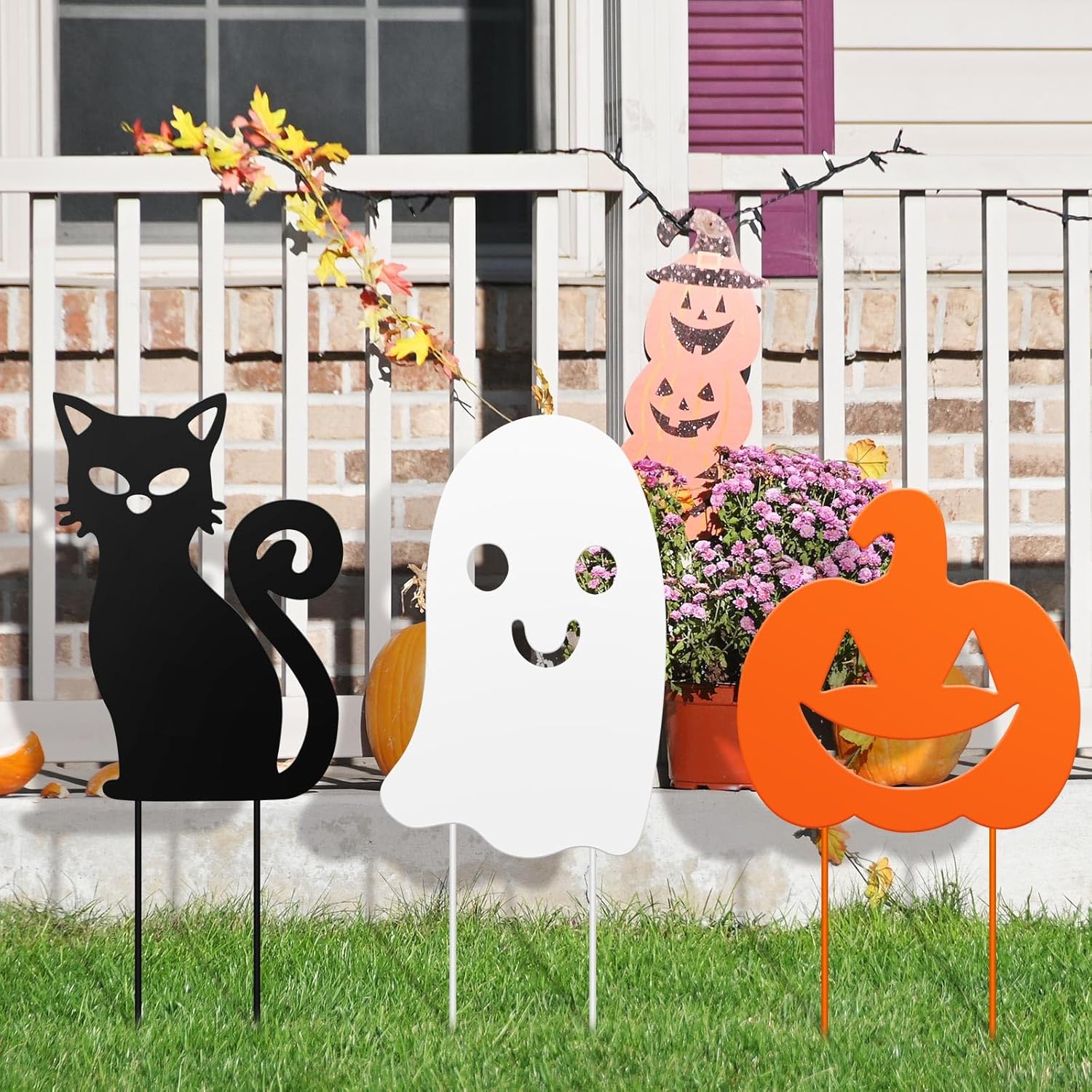 3 Pack Halloween Decorations Outdoor Metal Halloween Garden Stakes Metal Ghost Pumpkins Black Cat Yard Signs Decor for Outside Garden Lawn Porch Patio Party Decorations(Mixed Style)