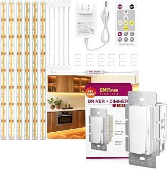 EMITEVER Under Cabinet Lighting kit, 6 PCS COB LED Strip Lights 3000K Warm White,Dimmer Light Switch & 24V 160W Dimmable LED Driver 2 in 1 for Kitchen Cabinet, Counter, Shelf, 9.8ft