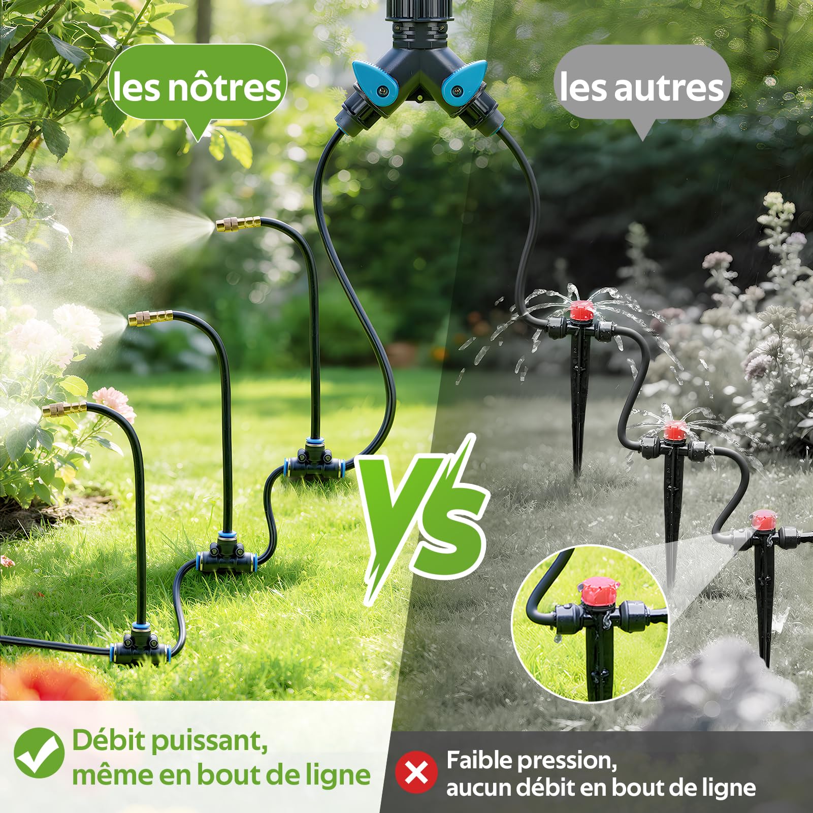 HIRALIY Tuyau d'arrosage de, buses en laiton réglables à 360°, système d'irrigation goutte à goutte 1/4", système d'irrigation de jardin pour jardin, balcon, plate-bande surélevée, serre et (10M)