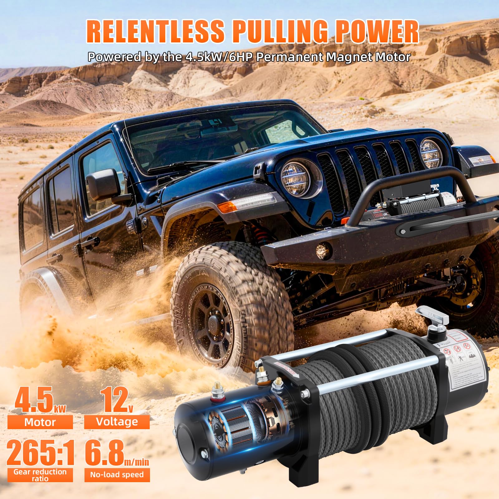 Cabrestante eléctrico 12 V – 6123 kg (13500 lbs), cable sintético de 12 hilos, guía de cable de aluminio, mando a distancia inalámbrico y con cable, IP55, para todoterreno, Jeep y barco