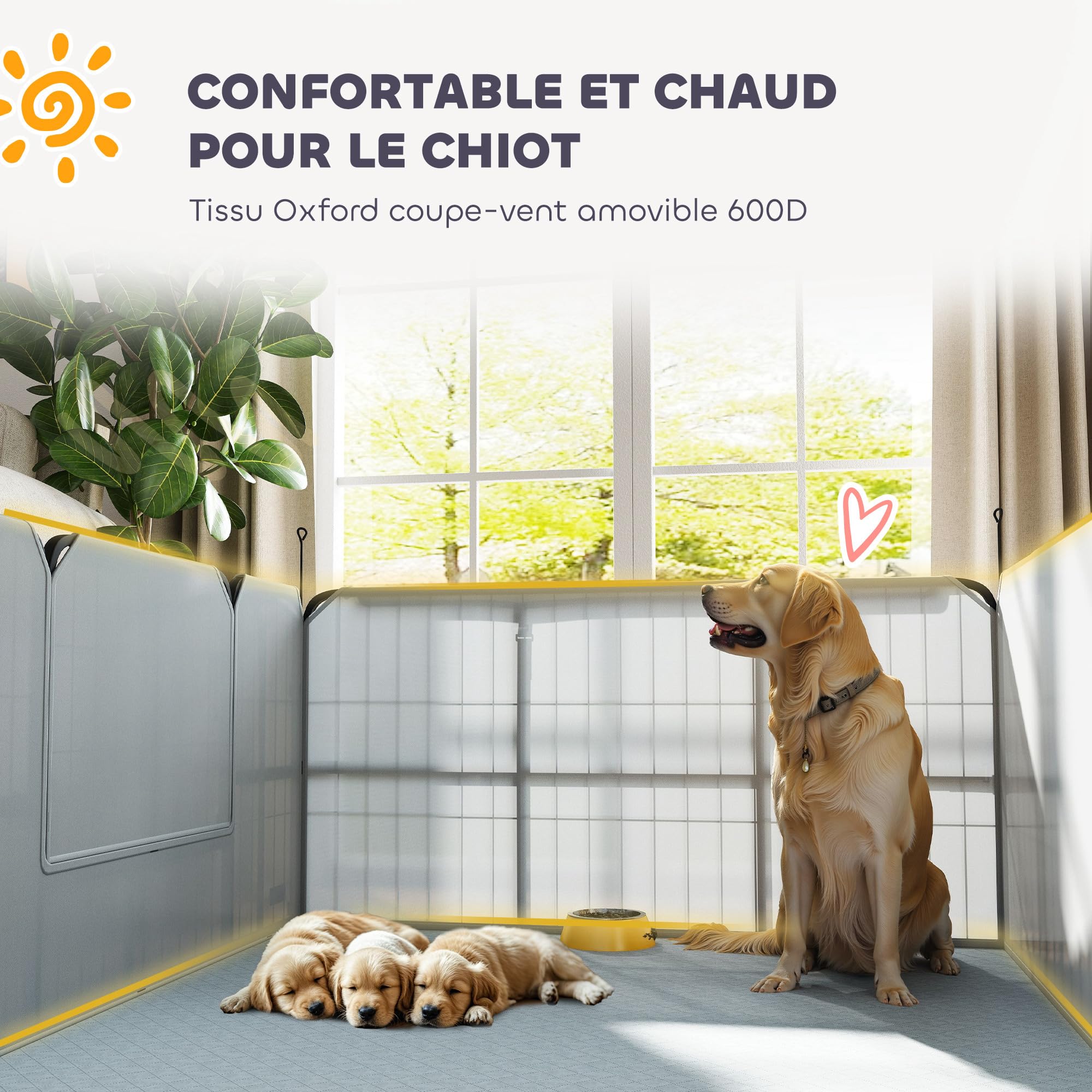 PawHut Parc de Mise Bas pour Chien, Caisse de Mise Bas pour Chiens, avec Porte verrouillable, Tissu Oxford 600D, Tapis de propreté Lavable, enclos Chien, en Acier, 122 x 122 x 60 cm, Noir | Caisse de Mise Bas, Porte Verrouillable, Tissu Oxford 600D, Tapis