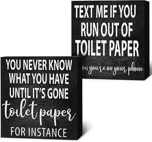 Jetec 2 letreros divertidos de madera rústica de madera negra para decoración de pared de baño, citas de papel higiénico para el hogar, invitados,