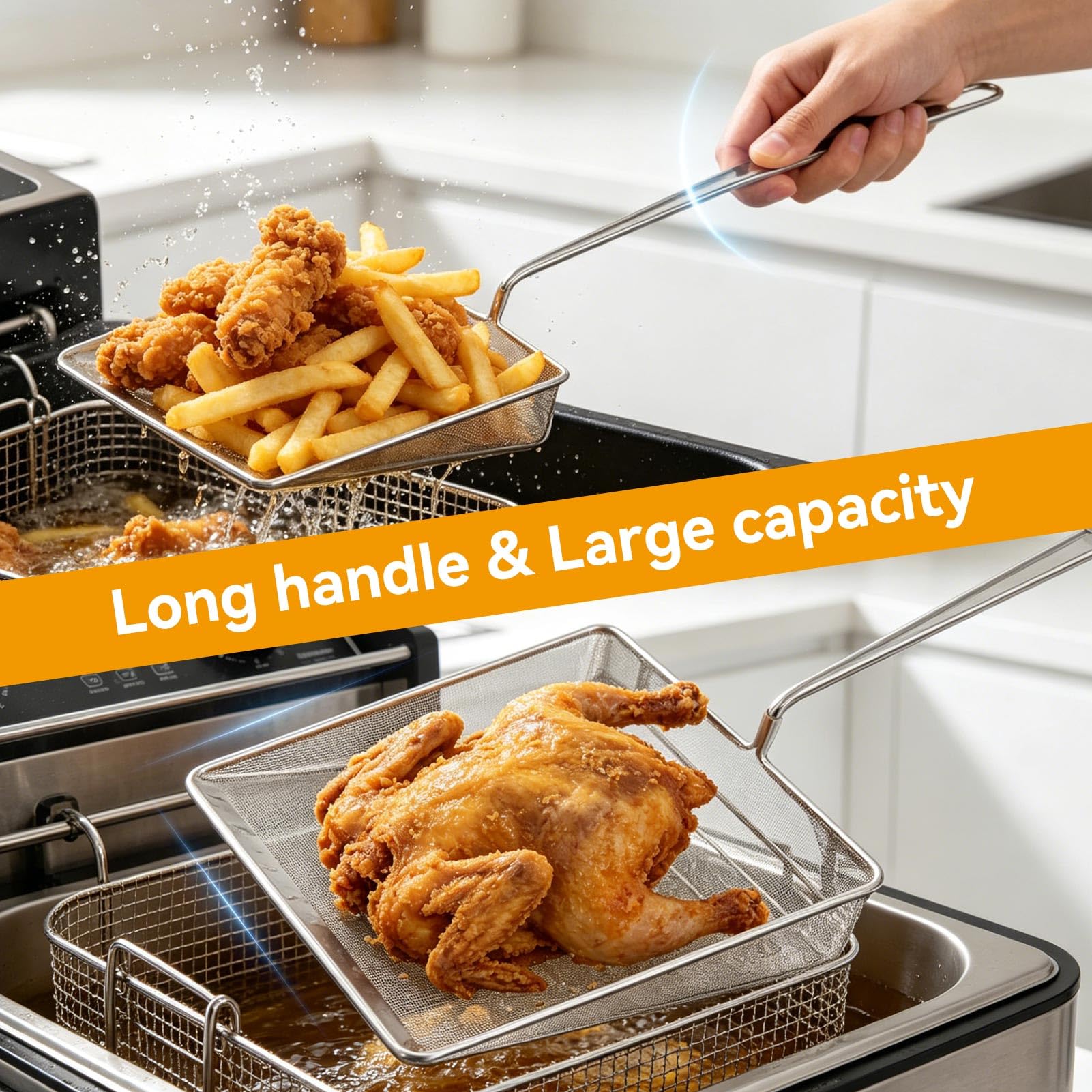 Écumoire à mailles carrées, écumoire à huile pour friteuse, cuillère à frire, passoire araignée en acier inoxydable avec long manche pour cuisine, piscine, aliments frits