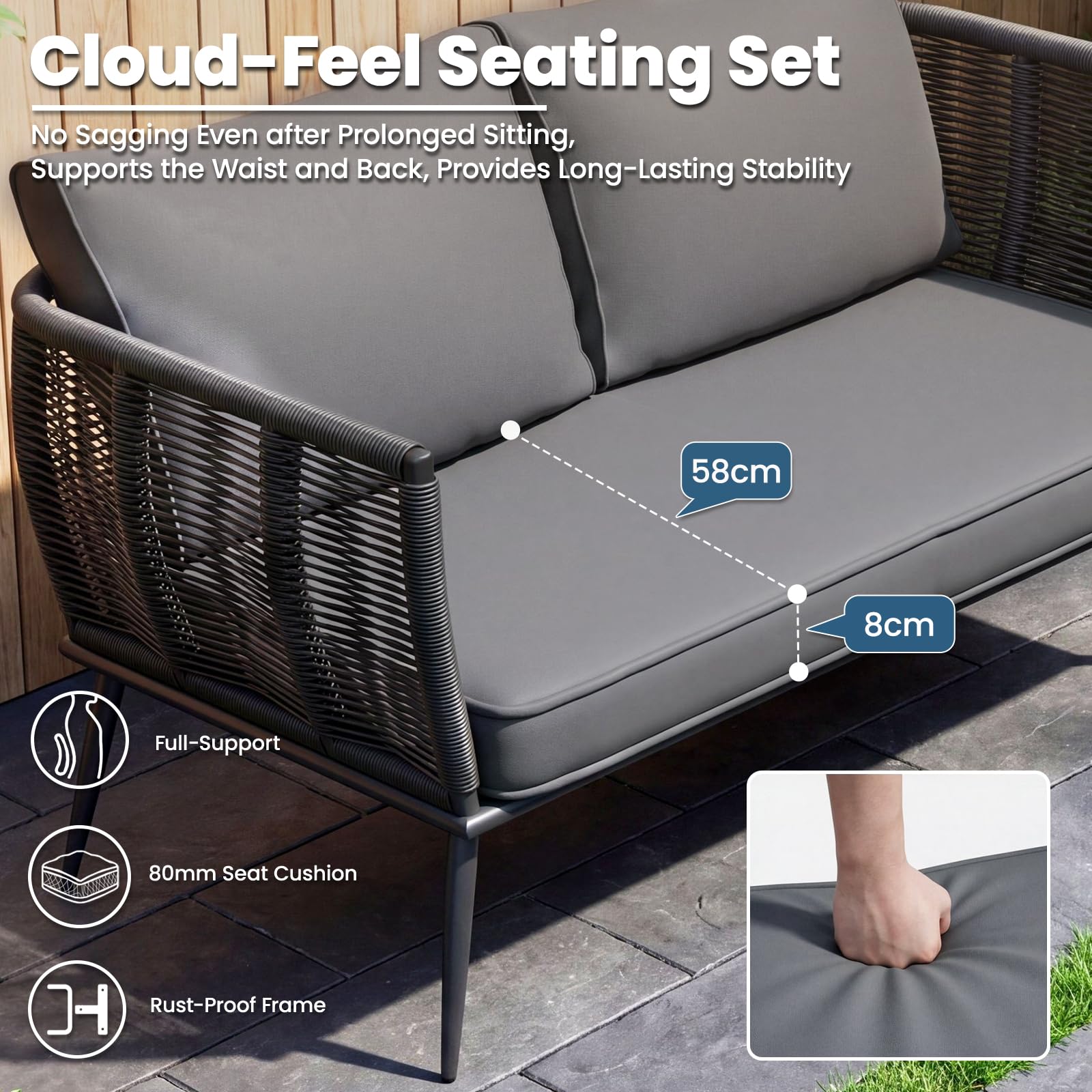 LIFERUN Sofá de ratán de 2 plazas, muebles de balcón, color negro, sofá, pequeño balcón, jardín de invierno, terraza, muebles de exterior e interior, banco de jardín resistente a la intemperie, banco