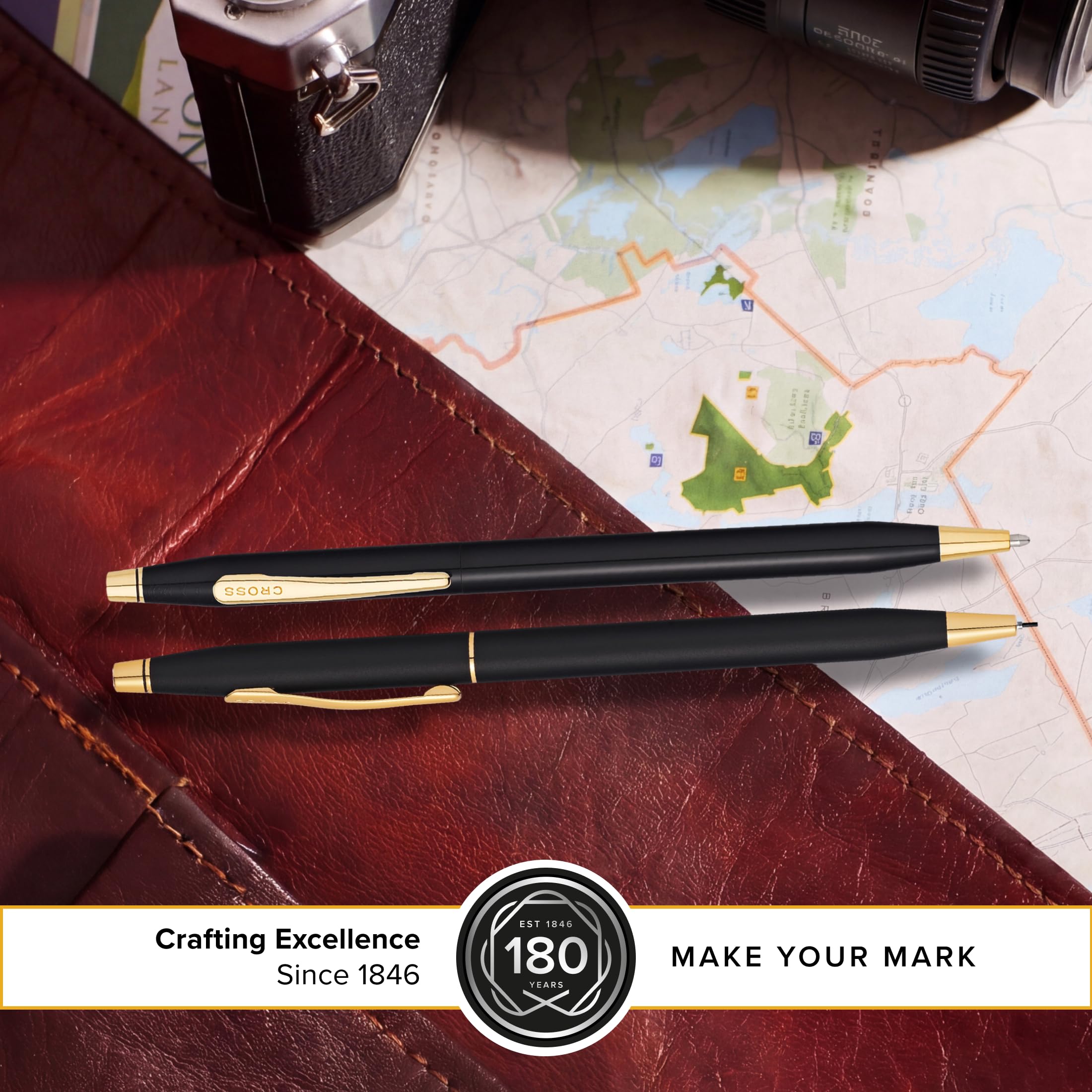 CROSS Classic Century - Parure Stylo bille et portemine - Finition noire satinée / plaqué Or 23 carats - Stylo rechargeable - Écrin classique inclus