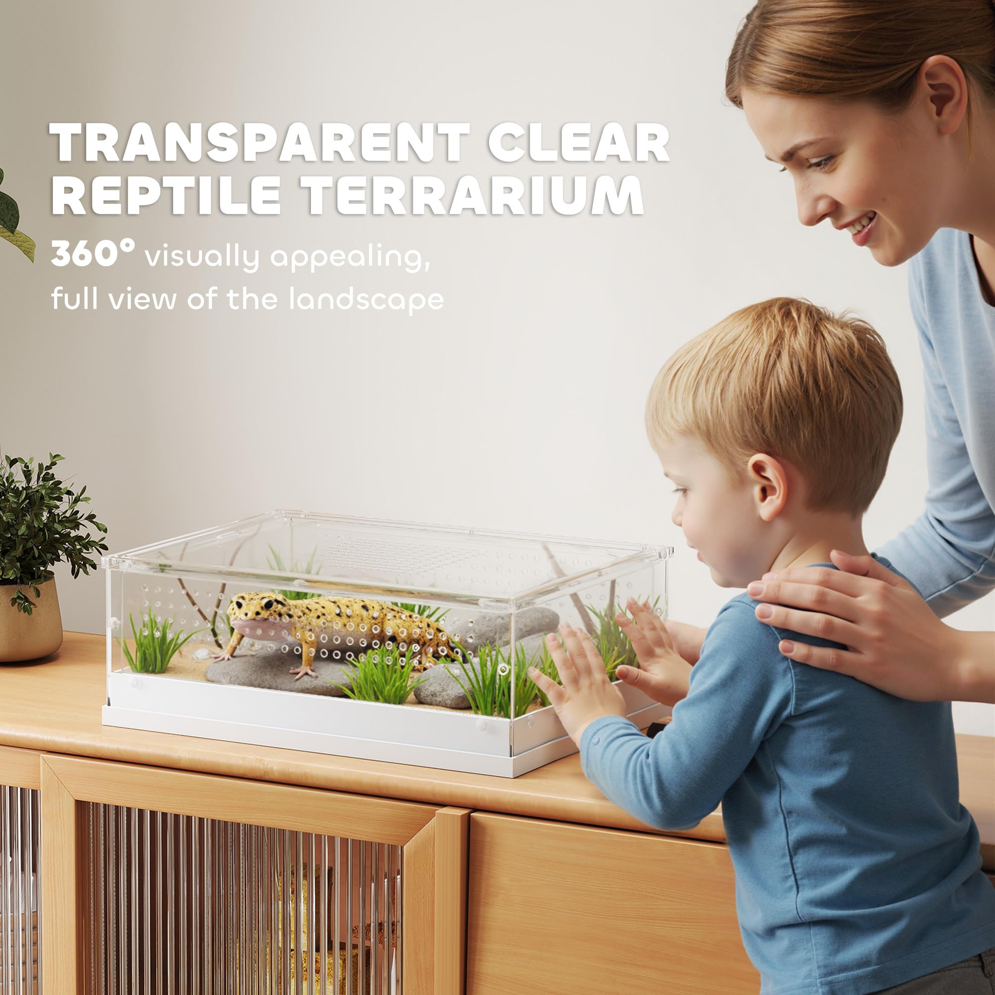 PawHut Terrario para reptiles, 40 x 30 x 15 cm, vivero con puerta corrediza superior, caja de cría de tanque de reptiles acrílico de 360° con rejillas de ventilación, para serpiente, rana, araña, geco