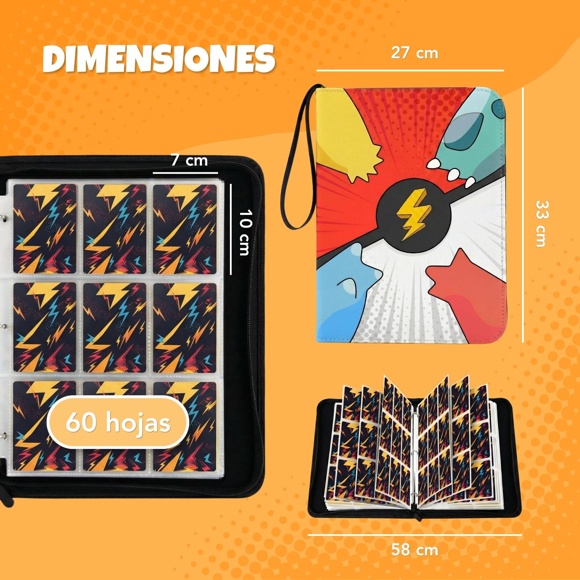 Álbum Cartas para Pokémon – 1080 Cartas, 60 Páginas y 9 Bolsillos – Card Binder Grande con Cremallera – Carpeta para Cartas TCG con Archivador Impermeable y Doble Cara