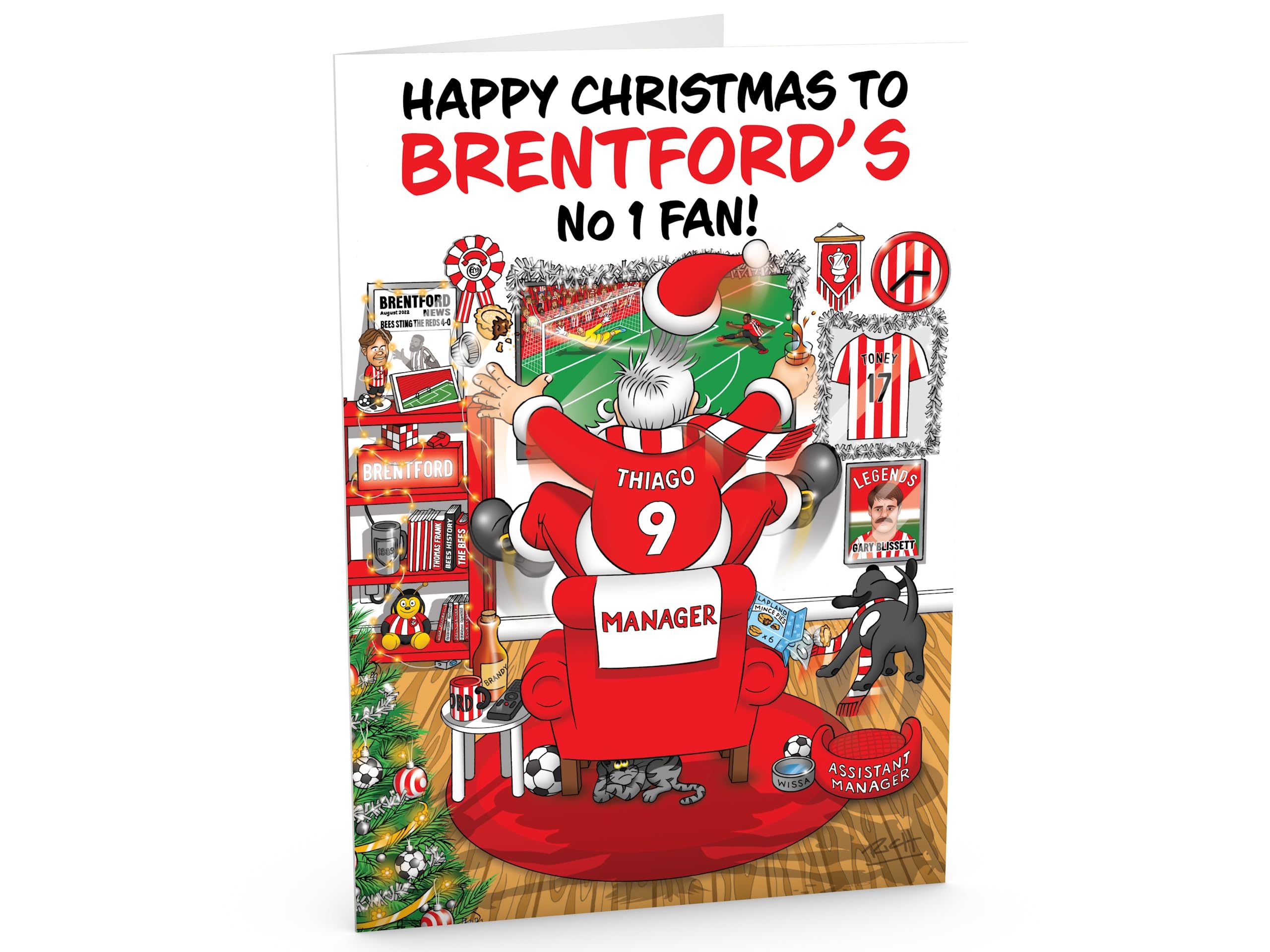 Football Christmas Card for Brentford Fans Pack of 6 Cards Santa Jumping Out of Chair to Support Team Funny Rear of Card Showing Rudolph Supporting Rival Club Large A5 Made in UK - Image 2