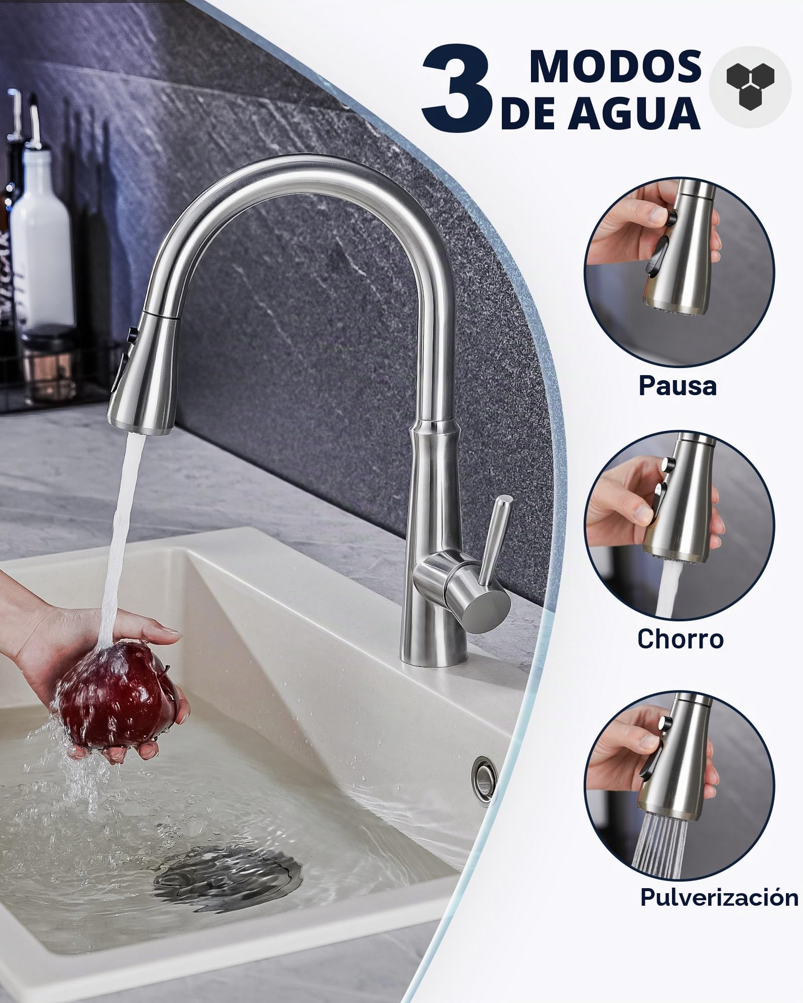 Grifo de cocina extensible, alta presión, acero inoxidable, giratorio 360°, grifo de cocina con 2 tipos de chorro