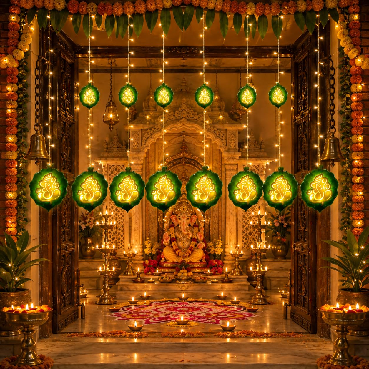 fizzytech Leaf Ganesh Curtain LED String Lights with 8 Flashing Modes, Decorative Ganpati Fairy Lights for Home Decoration, Pooja, Diwali & Festival Decor-picture-10