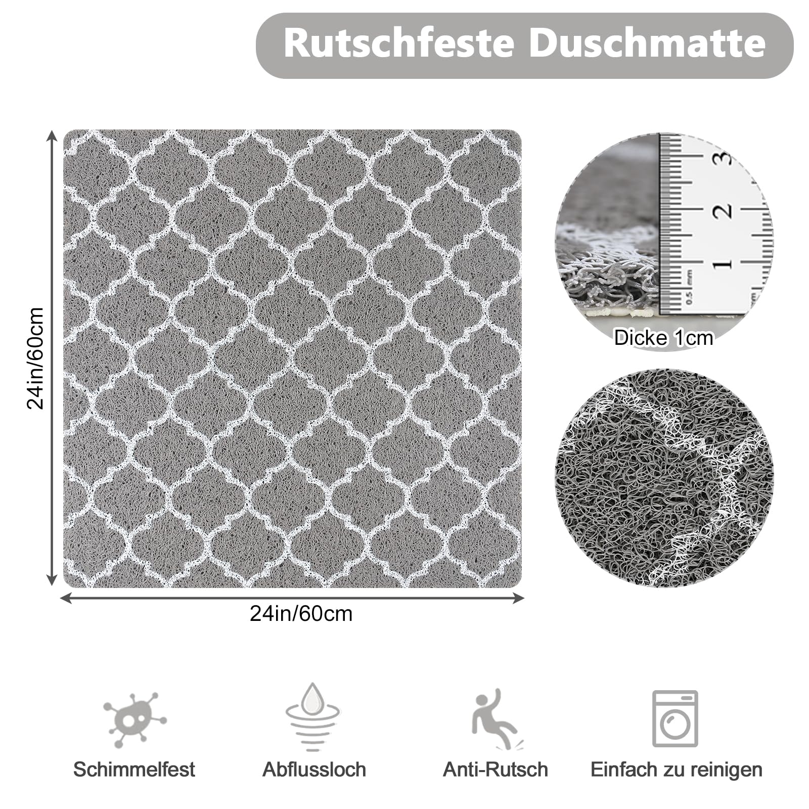 Tapis De Douche Antidérapant 60x60 Cm Avec Ventouses - Pliable Et Découpable, Gris Foncé