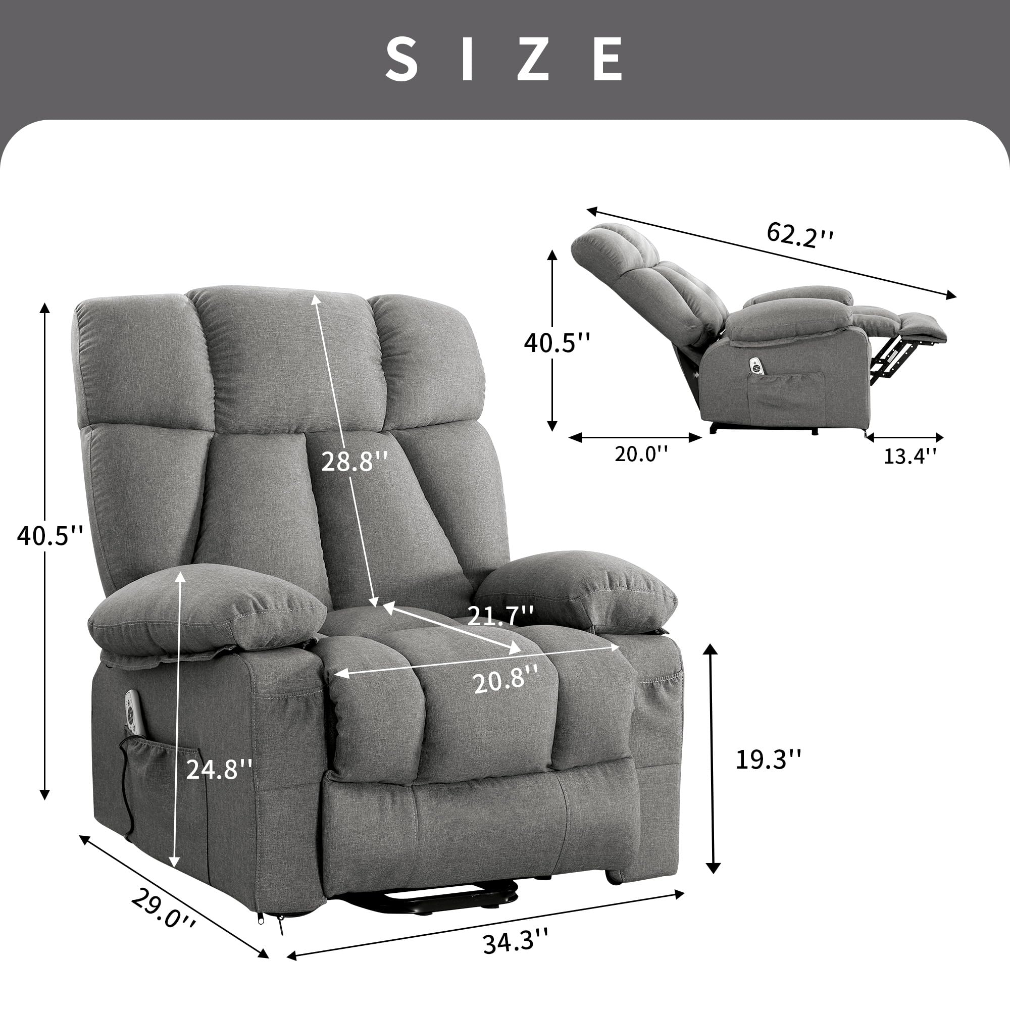 Dimensions diagram for the jonpony Power Lift Recliner Chair.