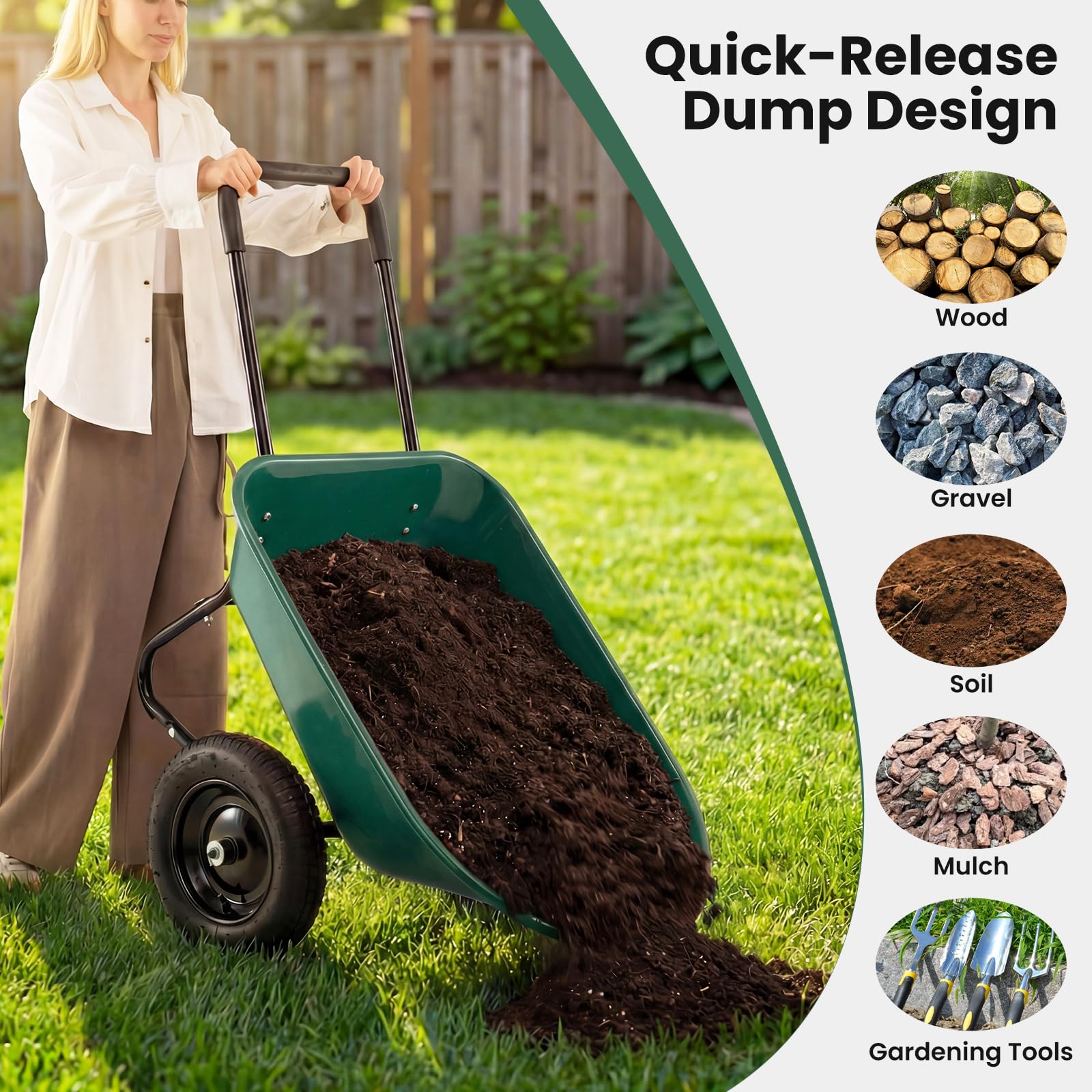 TANTASK - Carriola da giardino a 2 ruote, 78 l, con funzione di ribaltamento, telaio in metallo, portata 100 kg, carriola da giardino, carrello da trasporto per giardino e cortile (verde)