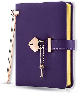 Heart Shaped Lock Diary with Key PU Leather Cover Journal Personal Organizers Secret Notebook for Girls & Women B6 Size 5.3x7inch Diary with Rose Gold Metal Ballpoint Pen Purple