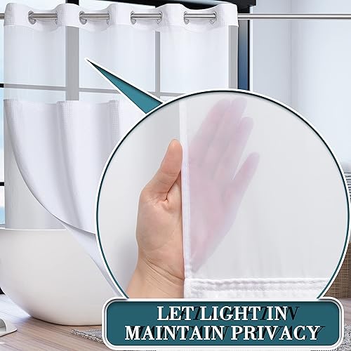 Miniatura 2 de Conbo Mio Juego de cortina de ducha de tela blanca de grado hotelero con forro a presión para baño con imanes y ventana superior de malla, lavable a
