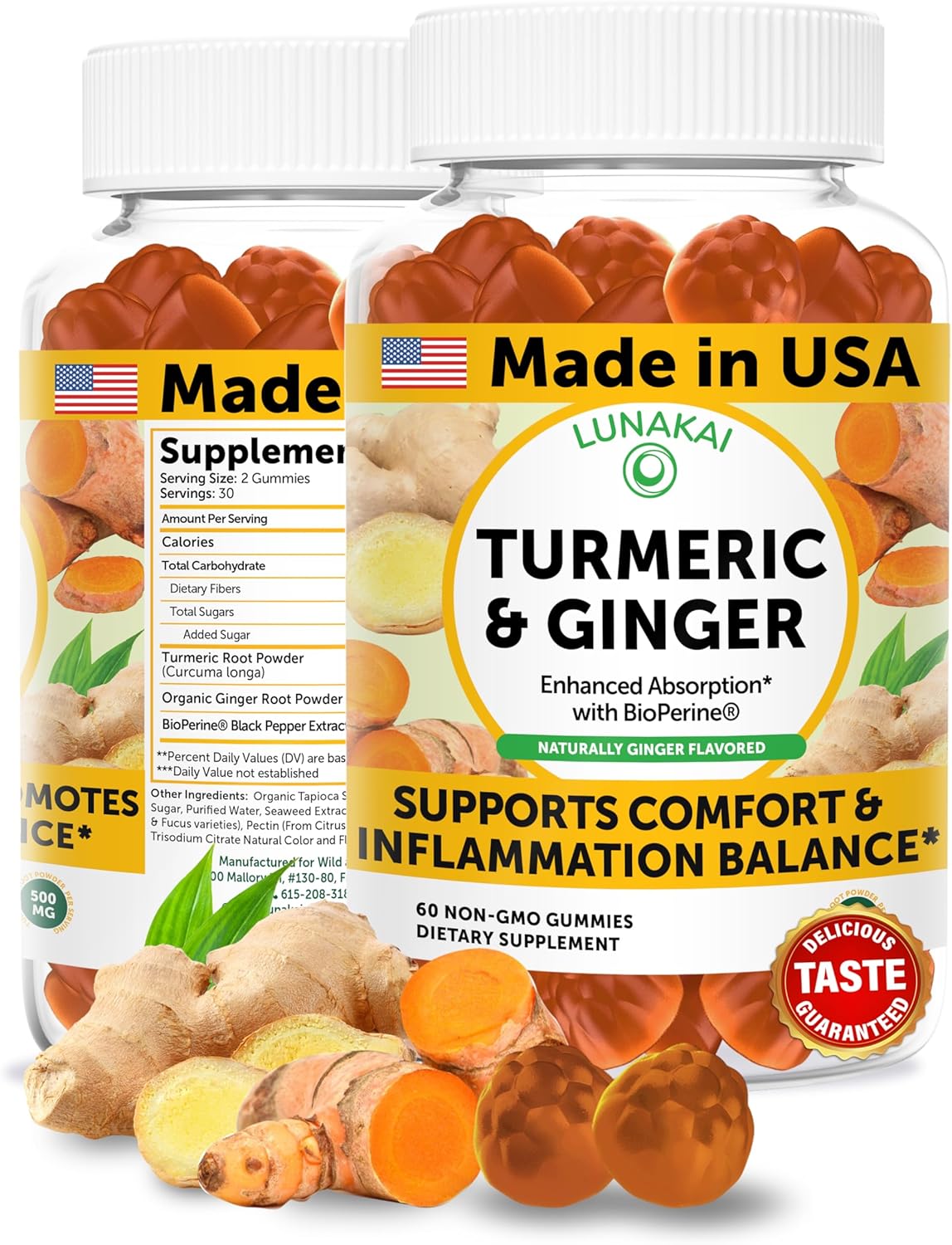 Lunakai USA Made Turmeric Gummies with Ginger & BioPerine – High Absorption Turmeric and Ginger Supplement for Inflammation, Joint & Immune Support, 60ct