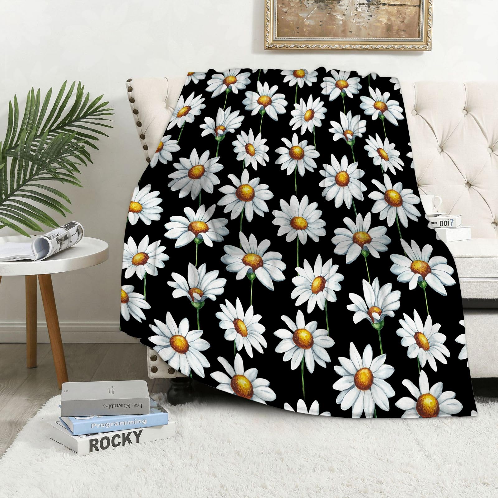 MAAPCHP Flannel Fleece Blanket Throws for Sofa Fluffy Blanket Bed Throw for Bedroom Watercolor daisy flower seamless pattern Blanket for Bed, Couch,Car 50x60in
