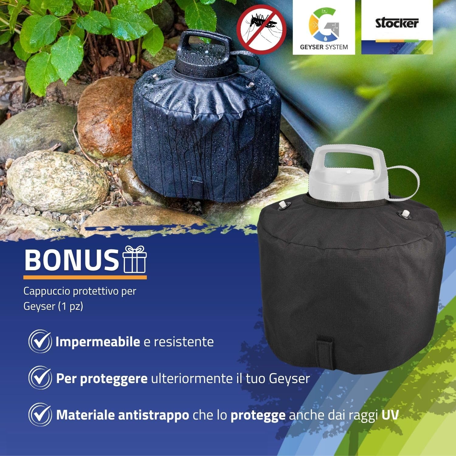 STOCKER – Kit Nebulizzatore Geyser 4L con Timer e Pompa Automatica, Batteria 12V, Copertura di 40 m² estendibile, Sistema Antizanzare con 250 ml Zanzaricida e 1 L Disabituante