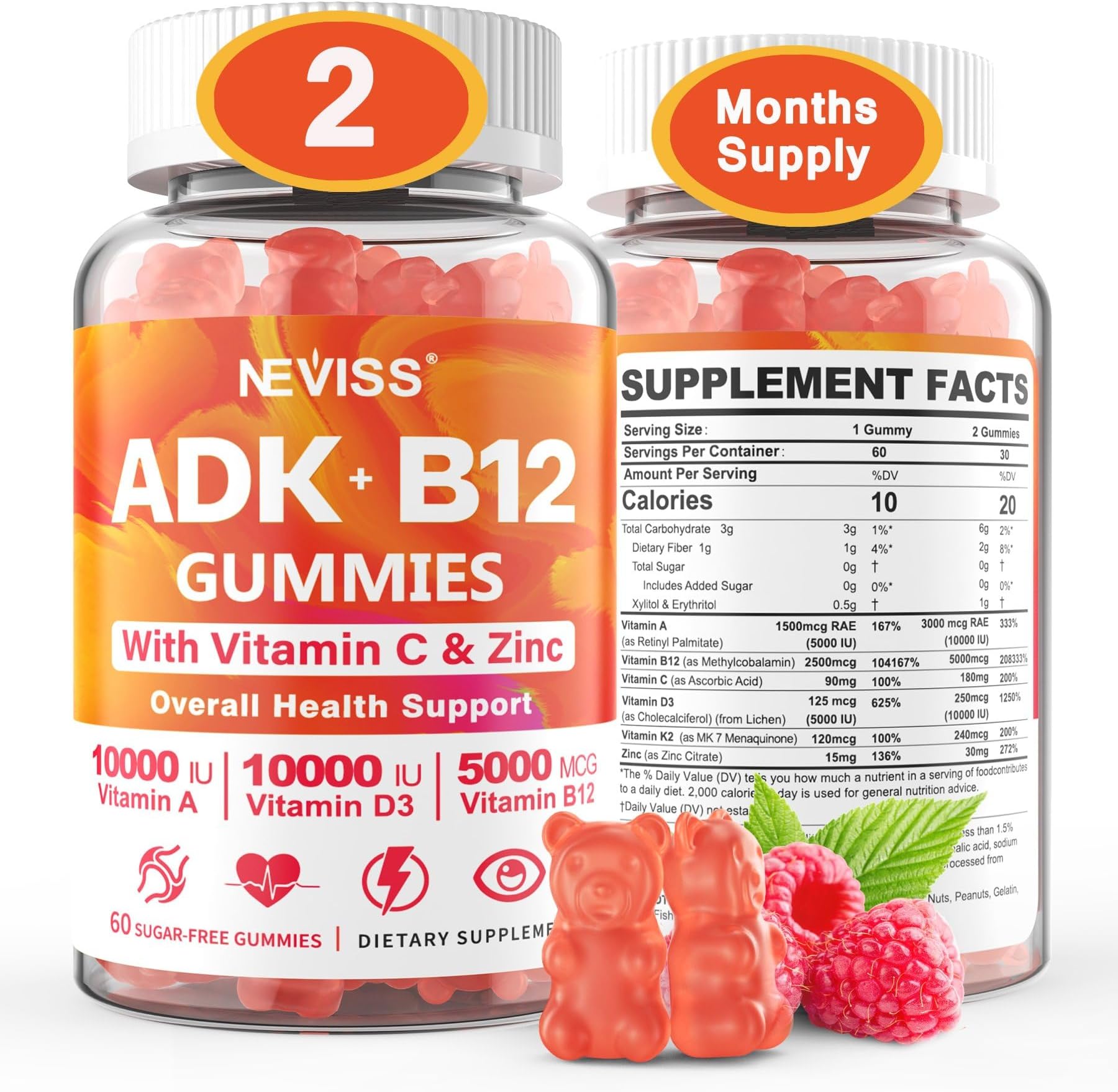 Methylated Multivitamin Women Men, Vitamin D3 K2 5000IU / 10,000IU, B12 5000 mcg 2500mcg, K2 (MK-7) 240mcg- ADK+Methyl Vitamin B12, Vegan D3,Vitamin A,C,Zinc Eye,Bone,Energy,Immune, Sugar-Free Gummies