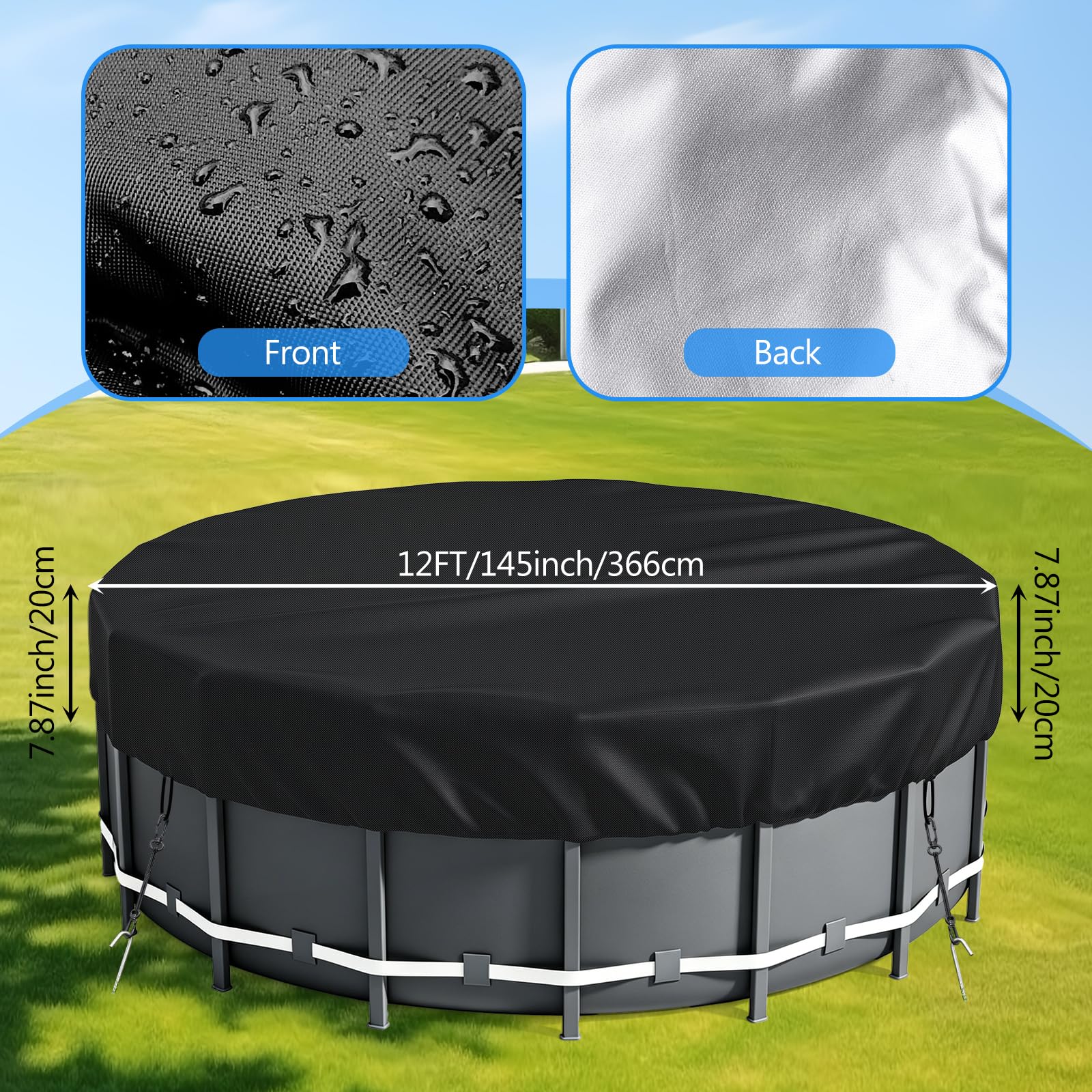 Copertura per piscina da 3,5 m, copertura rotonda per piscine fuori terra, copertura per vasca idromassaggio, copertura per serbatoio con coulisse e chiodi a terra, impermeabile e antipolvere Reißfest