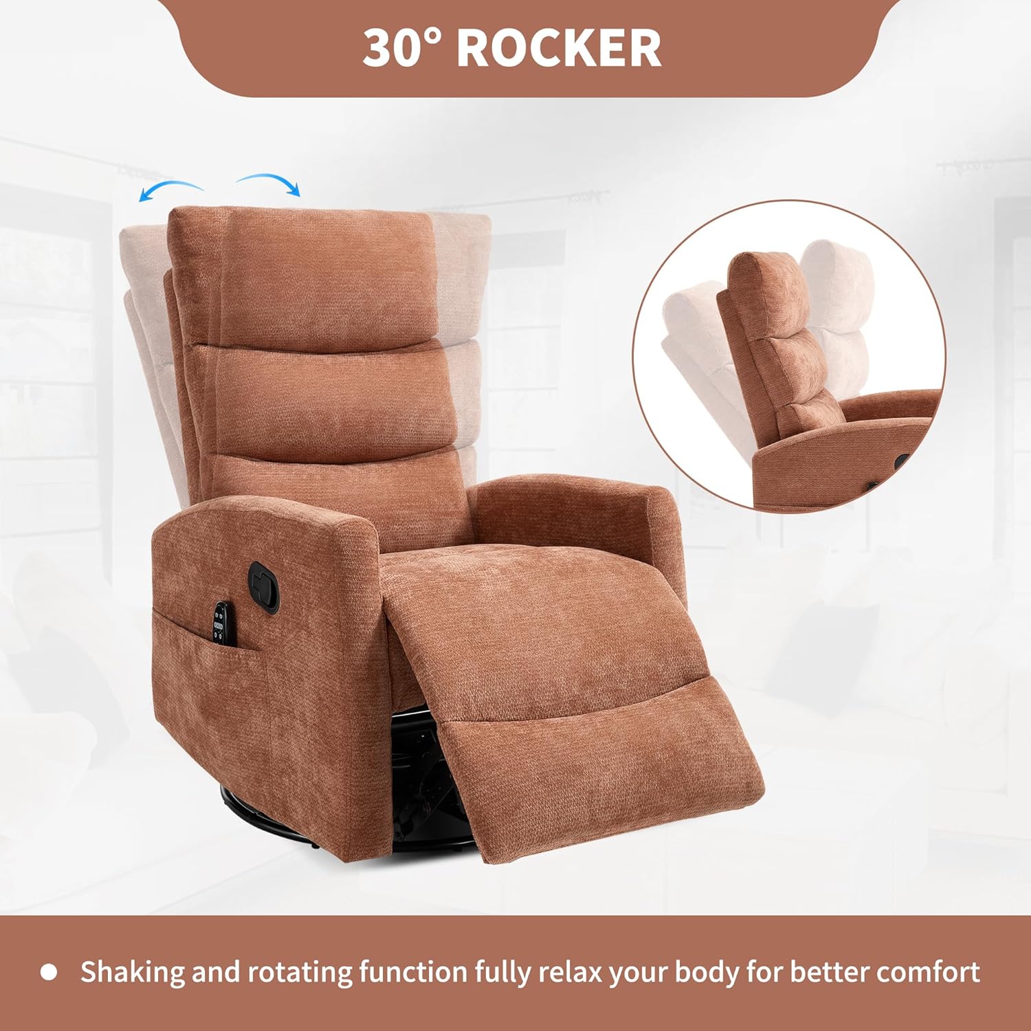 KEIKI 4-in-1 Manual Swivel Rocker Recliner Chair for Home Living Room, Chenille Chair with Back Massager & Heat, Home Theater Seating with Lumbar Support, Comfortable Portable Chair for Adult, Orange