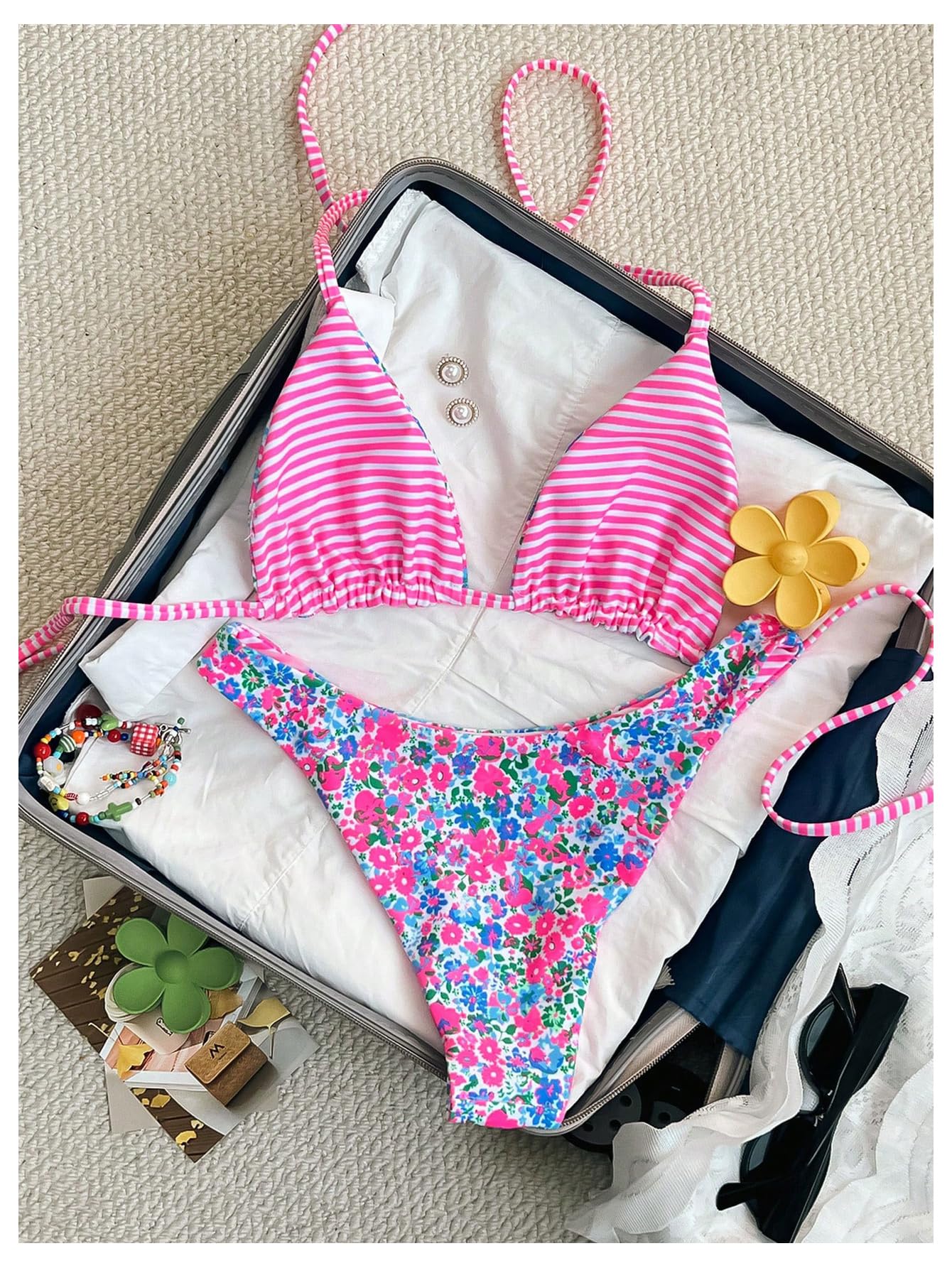 Damski Dwuczęściowy Zestaw Bikini W Kwiaty Paski Halter Stringi Strój Kąpielowy Z Wysokim Stanem Gorący Różowy Mały