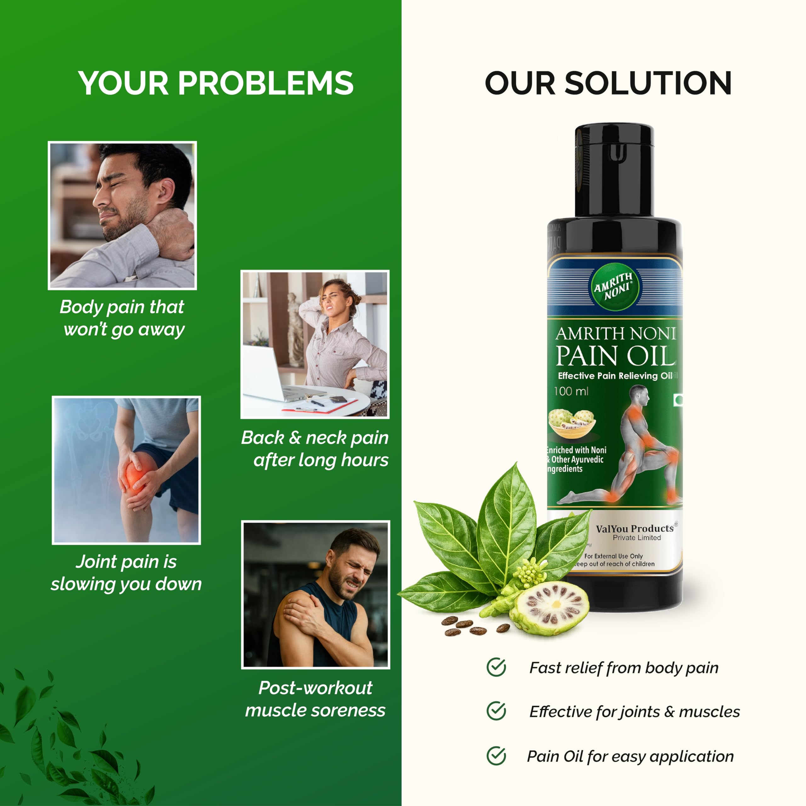 Amrith Noni Pain Relief Pain Oil – Fast-Acting Ayurvedic Formula for Joint Pain, Muscle Pain, Headache & Body Ache – Herbal Natural Pain Oil – 100ml (Pack Of 2) 2