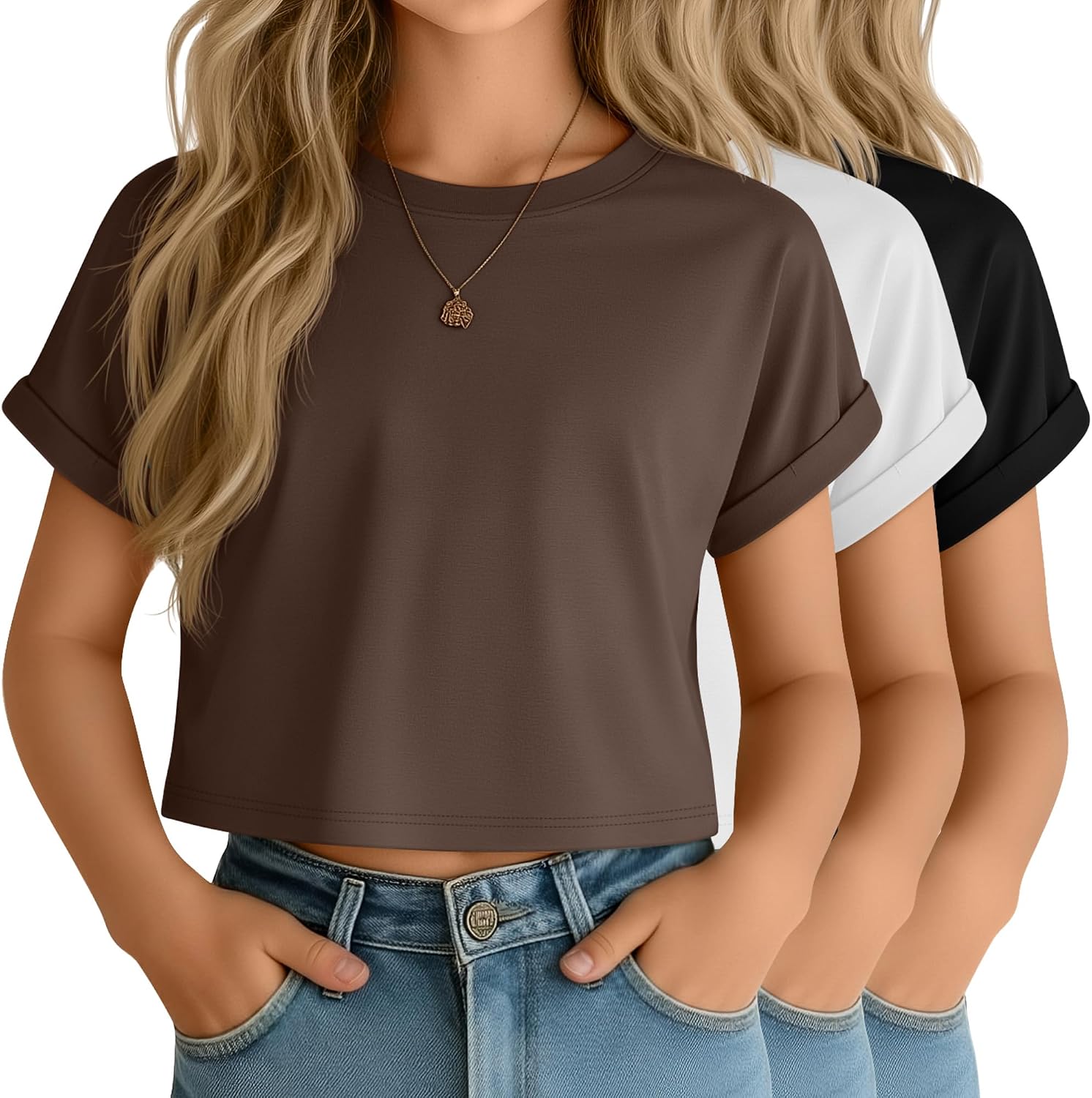 3 Pack Girls Crop Tops 5-14 Years Short Sleeve Rolled Cuff Crewneck Tween Shirts Athletic Summer Teen Tees