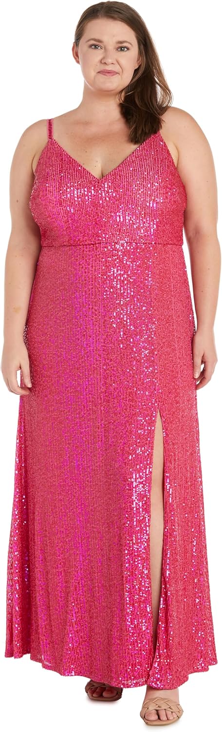 Juniors' Long Sequin Sweetheart Neck Dress W/Mesh Insets, Spaghetti Straps & Side Slit 18 Plus Fuchsia