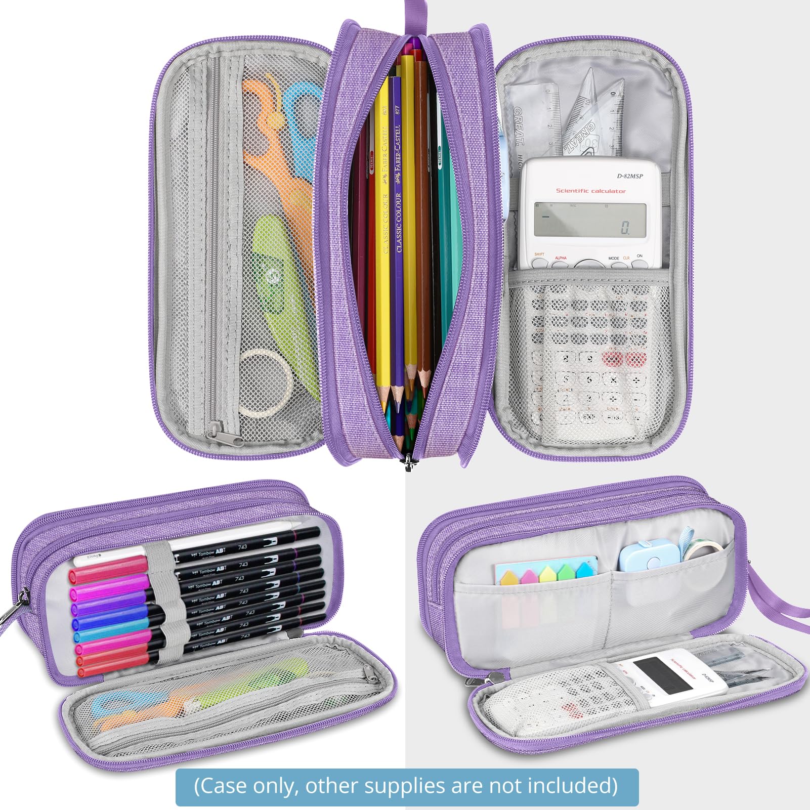 FINPAC Astuccio di Grande Capacità, Portatile Cancelleria Borsa con 3 Scomparti, Portamatite con Cerniera per Scuola Ufficio Studenti Universitari Adulto, (Scomparti-Viola)