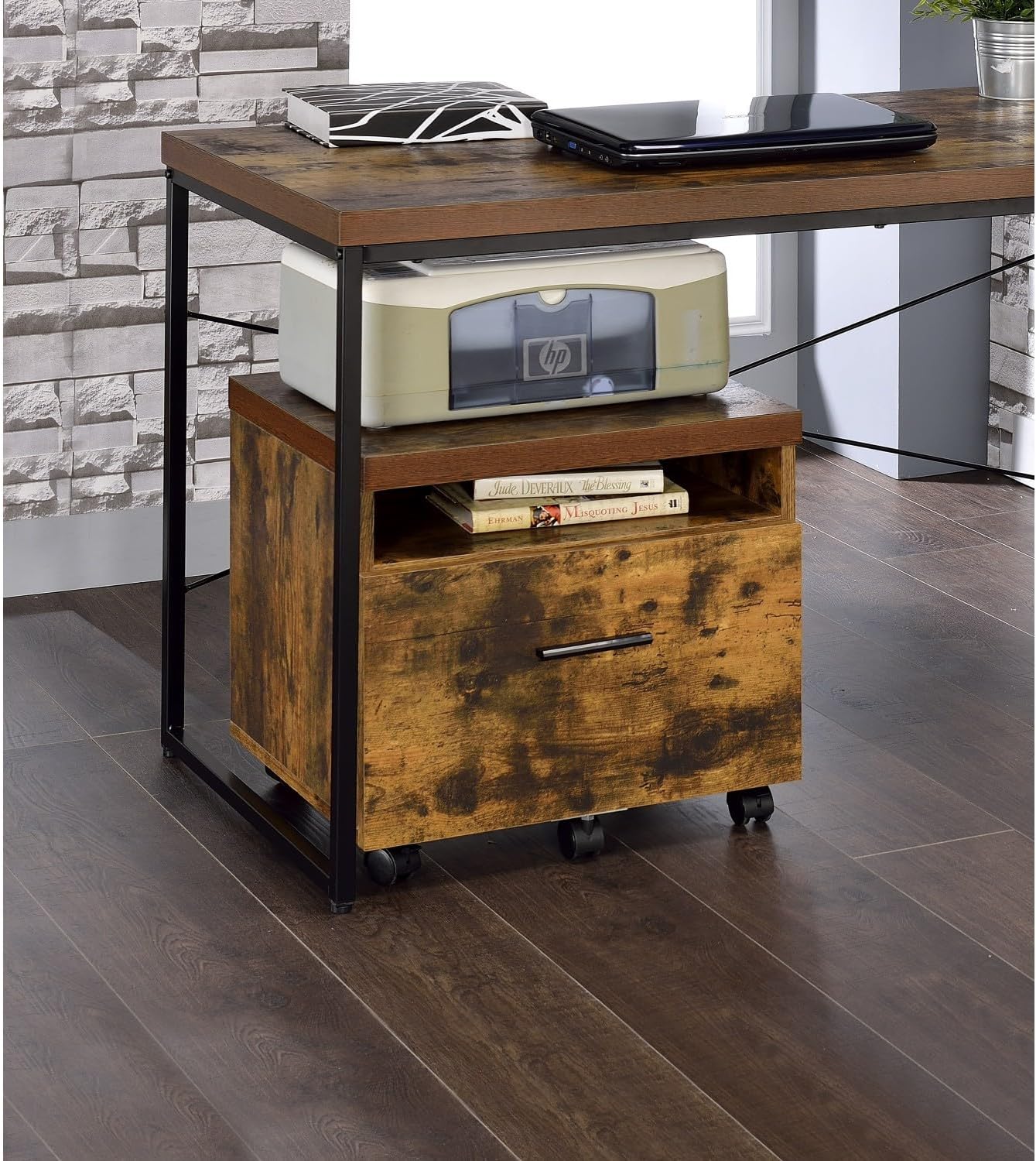 Bob Weathered Oak & Black Finish File Cabinet - Oak - Weathered Oak & Black Finish - Modern Office Essential