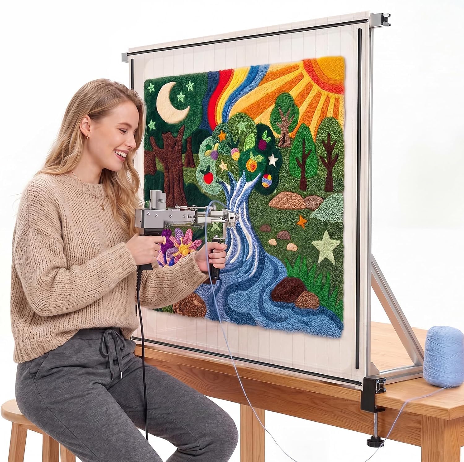 BESGEER Marco de Tufting de Alu 100x100 cm con Tira Antipinchazos y Tela | Seguro para niños y mascotas, listo para usar, gran estabilidad, Bastidor de tufting para tapices