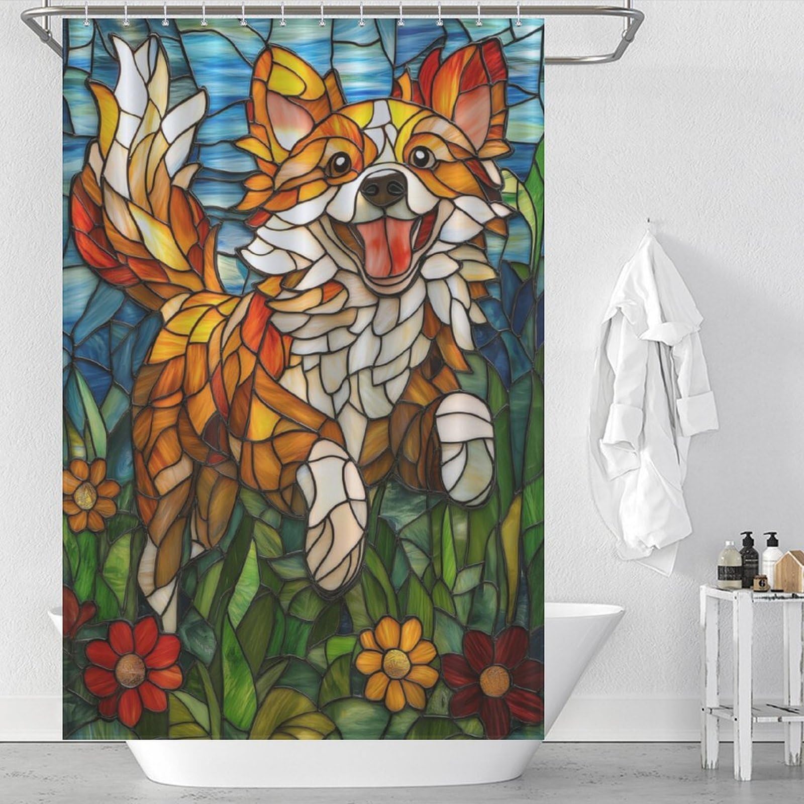 Rideau de douche Stained Glass Dog en tissu polyester moderne déperlant 119x180cm