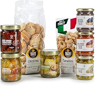 Gusta Antipasto Italiano Set - Delicious Appetizer Set Imported from Italy - Sun-Dried Tomatoes, Pepper Compote, Artichokes in Olive Oil, Spreadable Vegetable Pates, Taralli, and Crostini Bread - Made in Puglia, Italy (8pcs)