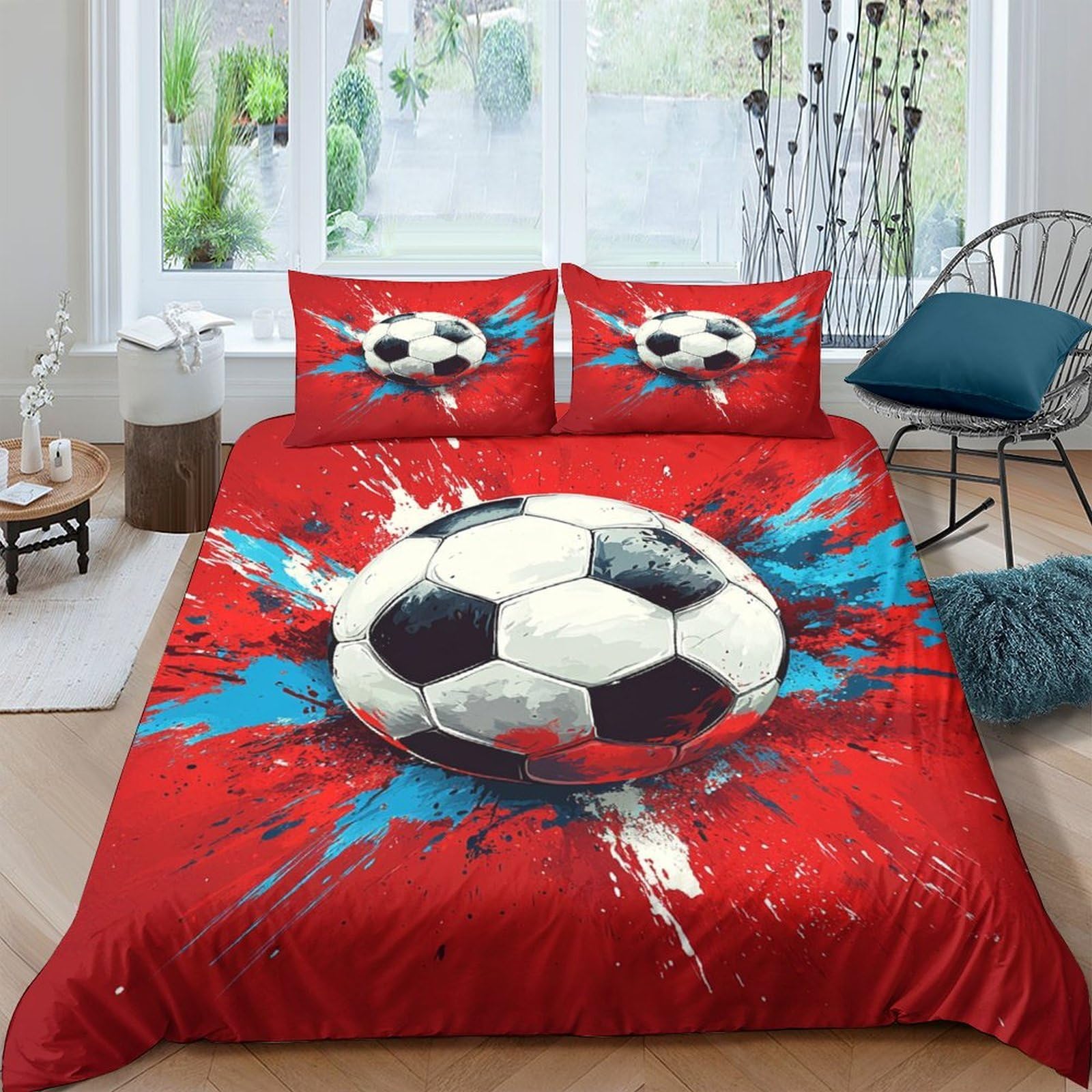 GPLZQXKJNH 3D Printed Soccer Ball Duvet Cover Microfiber Red Splash Bedding Set with 2 Pillowcases for Bedroom Decor Single（135x200cm）