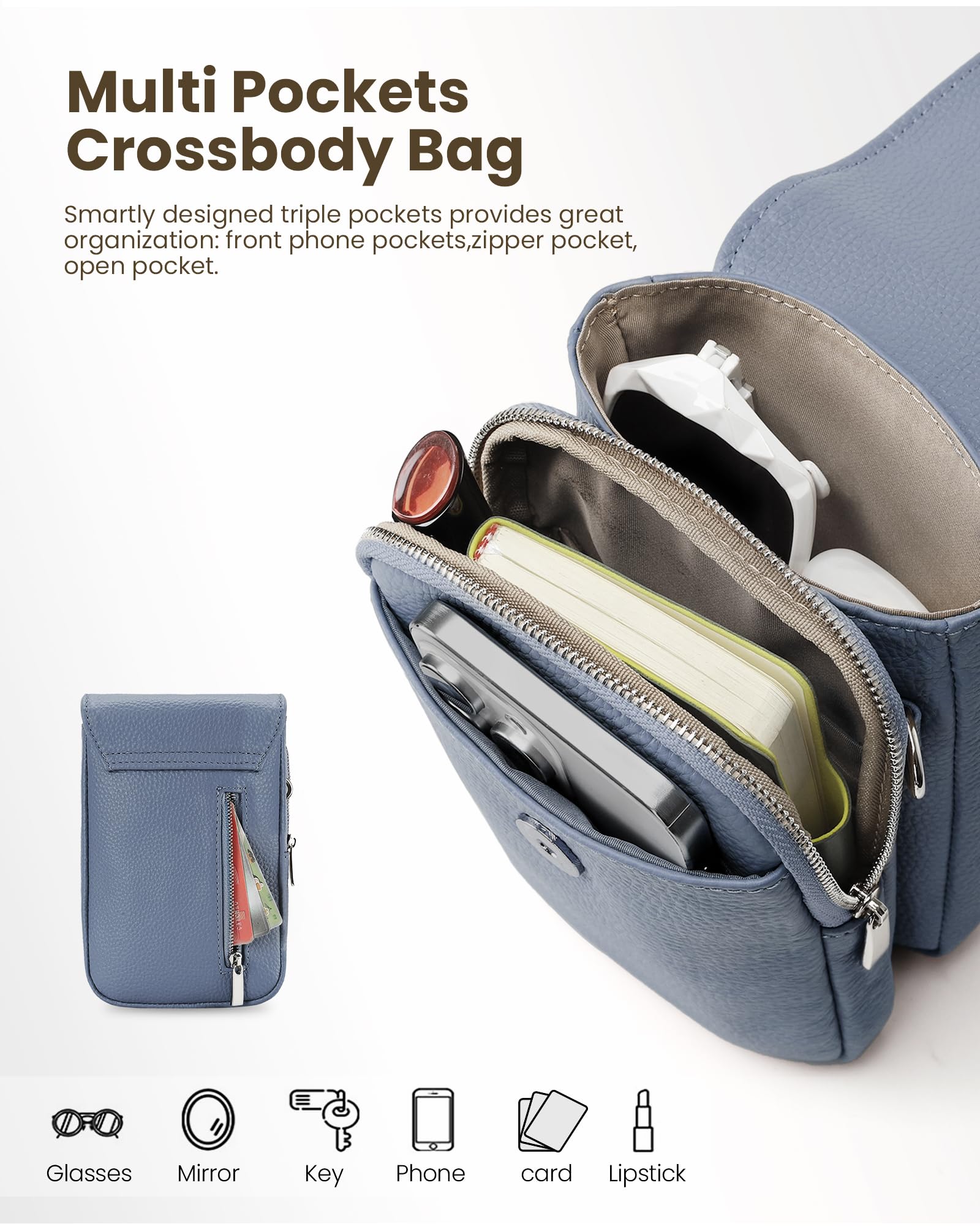 befen Bolso Bandolera Mujer Pequeño de Cuero Genuino Bloqueo RFID Bolso Bandolera Móvil, Bolso Cruzado para Teléfono Celular