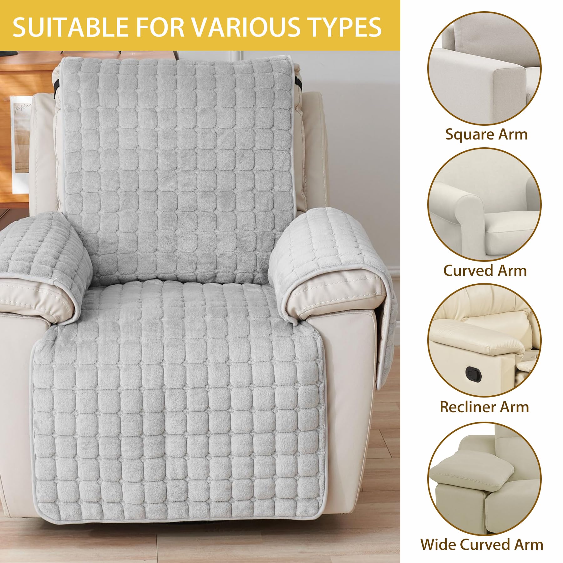 Copripoltrona Relax Reclinabile Universale, Copripoltrona 1 Posto con Tasche e Elastico, Copri Poltrona con Braccioli – Protezione Anti-Macchie e Antigraffio, Lavabile(Grigio,167 * 190cm)