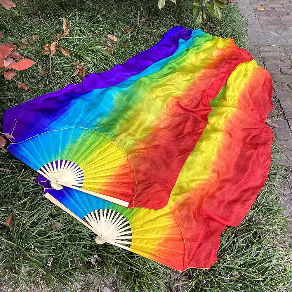1 Pair (Left+Right) Premium Silk Belly Dance Fan Veil, Women Colorful Long Folding Fans, Designed for Dancing Show and Flow Arts, Length 71" Width 35"