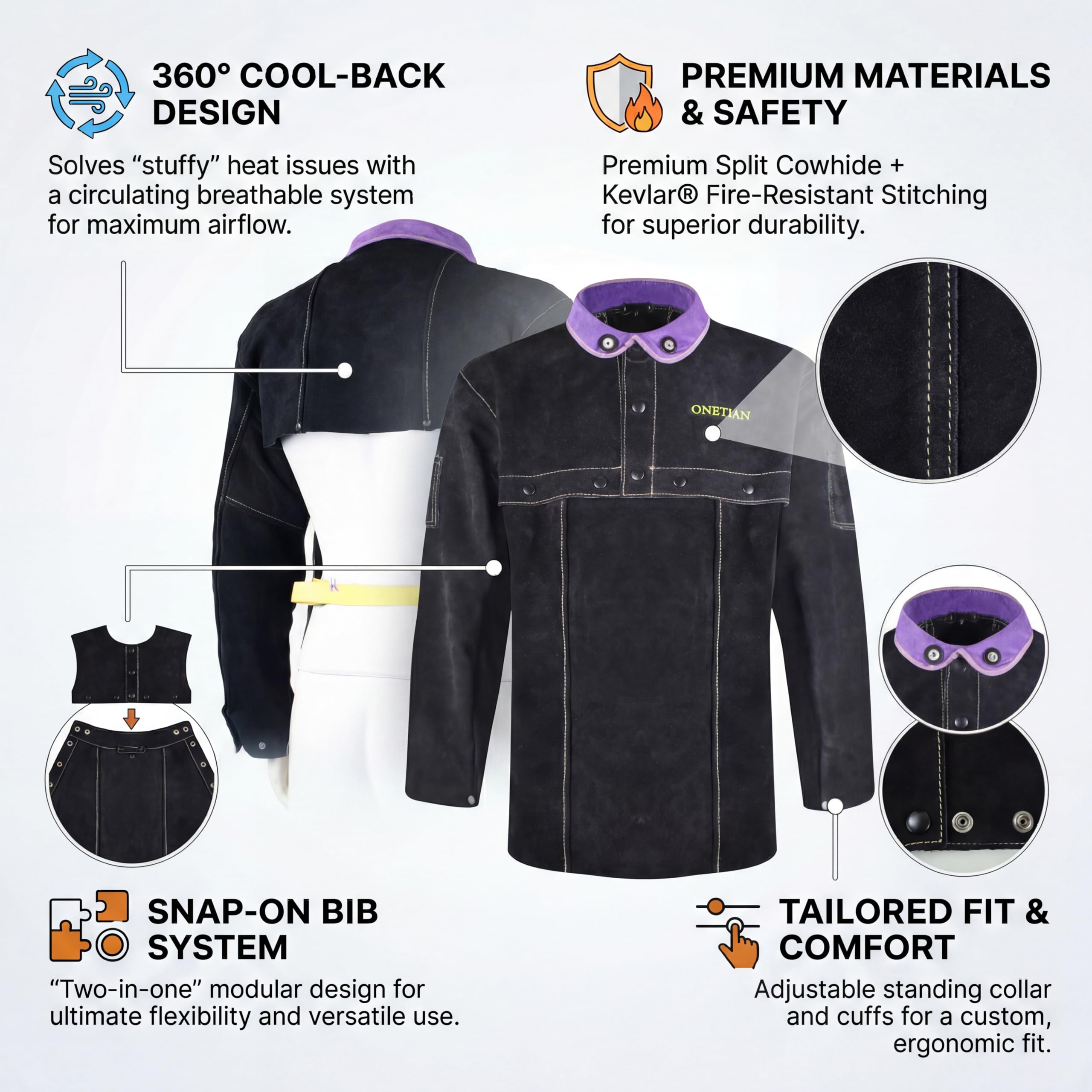 Chaqueta de Soldadura de Cuero, Abrigo para Soldador con Espalda Abierta, Protección de Trabajo Resistente