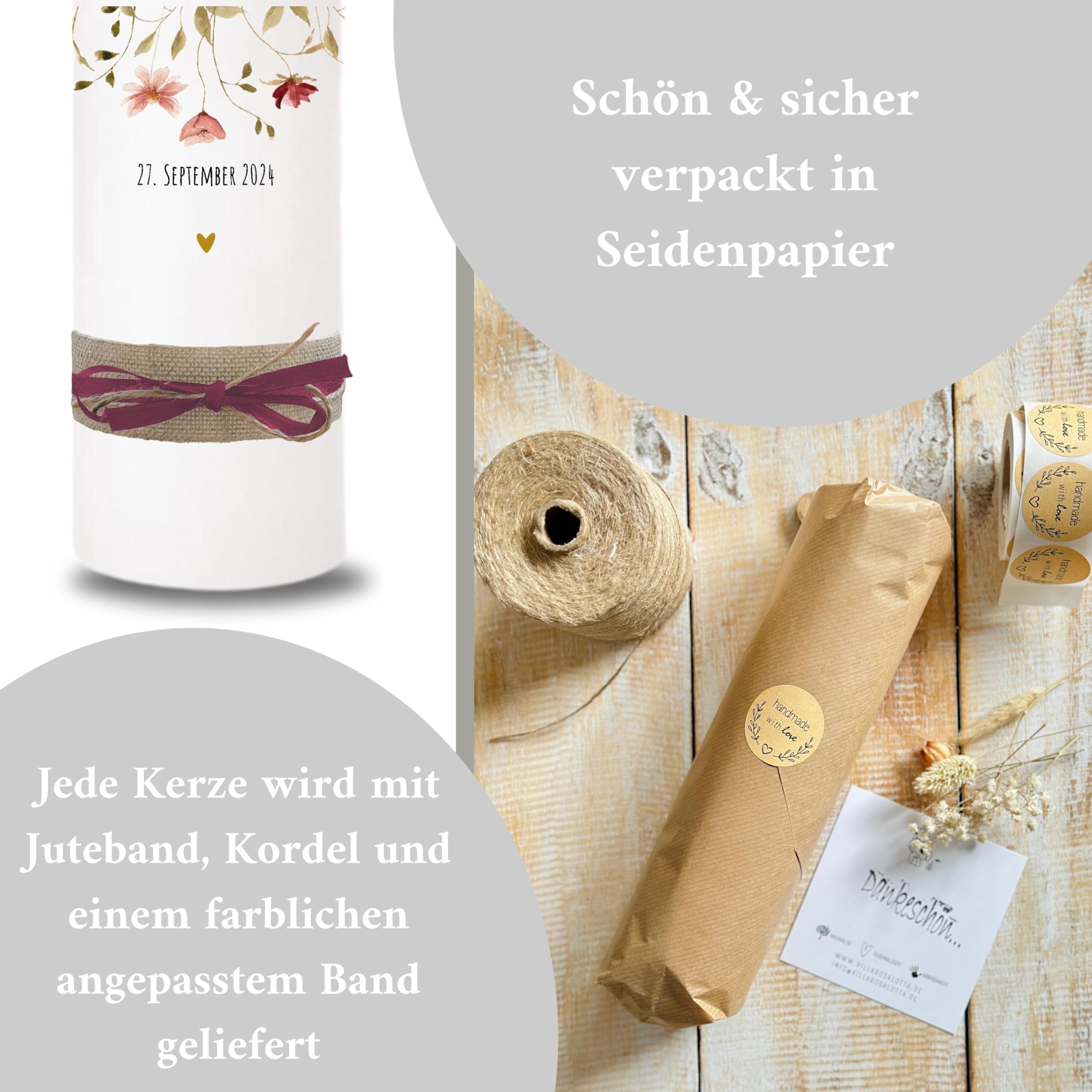 VILLA ROSA LOTTA – Personalisiertes Hochzeitsgeschenk für Brautpaar | Hochzeitskerze mit Namen & Datum | 25 cm x 7 cm | Jahrestag Geschenk Traukerze | Goldene Hochzeit | Hochzeitsdeko
