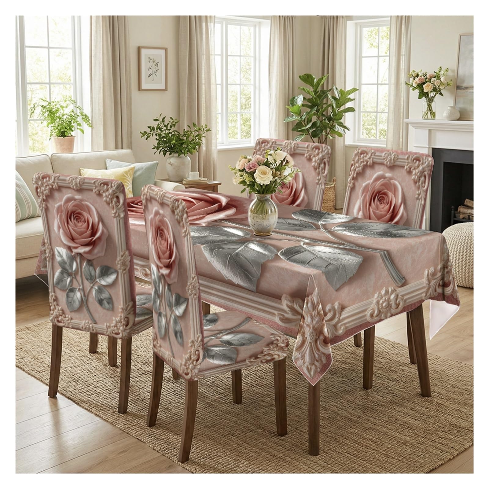 KXUAUV Stretch Dining Chair Slipcover & Tablecloth Set, Pink Rose Baroque Print, 5/7 Pack, For Wedding Bridal Tea Party Elegant Romantic Home Decor Party Decor(5pcs Set: Tablecloth+Chair Covers)