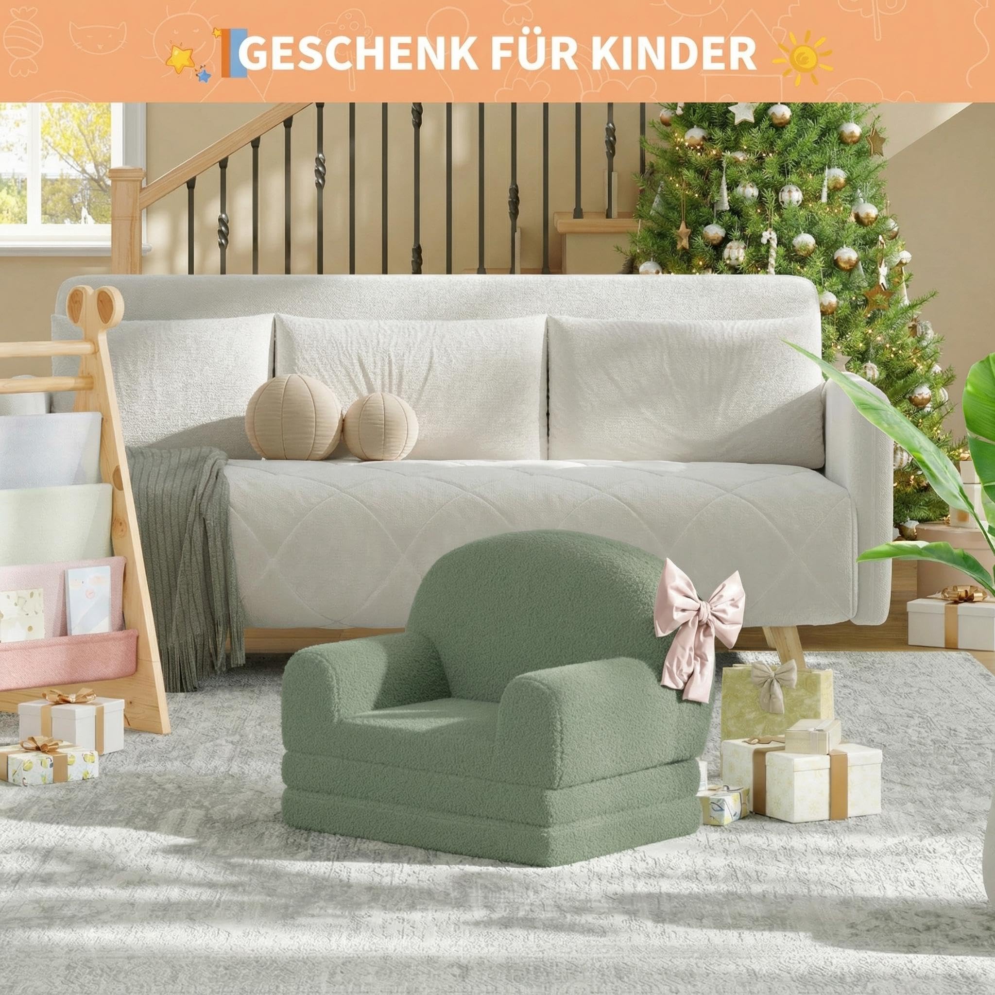 Garvee 2-in-1 Kindersofa & Loungesessel, Faltbar Kinder Sofa, Weiches Teddyfleece Kindersessel mit Abnehmbarem Bezug, Klappbarer Kindercouch als Liege, Kinder - Grün