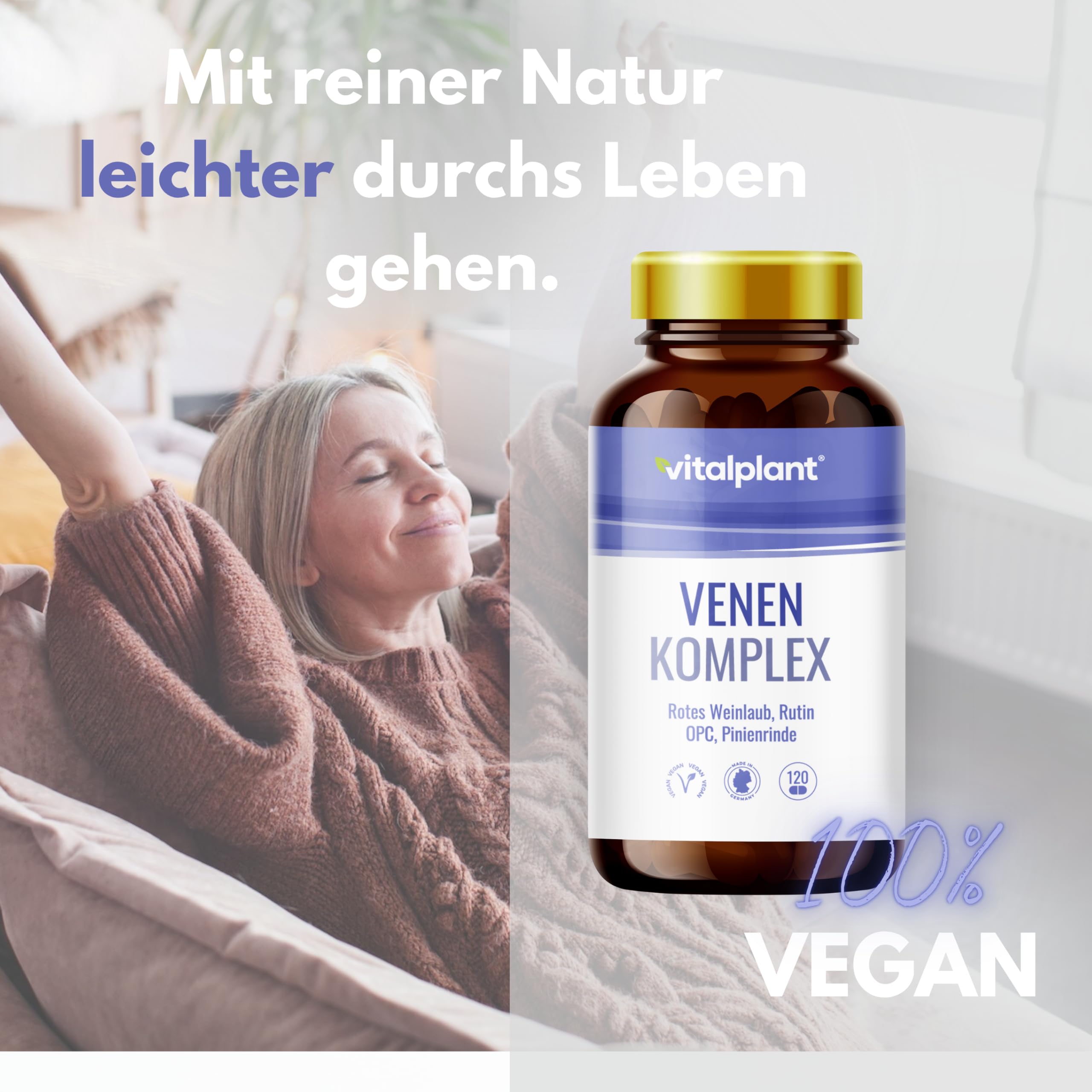 Vitalplant® Venen Kapseln - mit Rotem Weinlaub, Rutin, Quercitin, Traubenkernextrakt & nat. Vitamin C 600mg hochdosierter Venen komplex- 120 Kapseln vegan