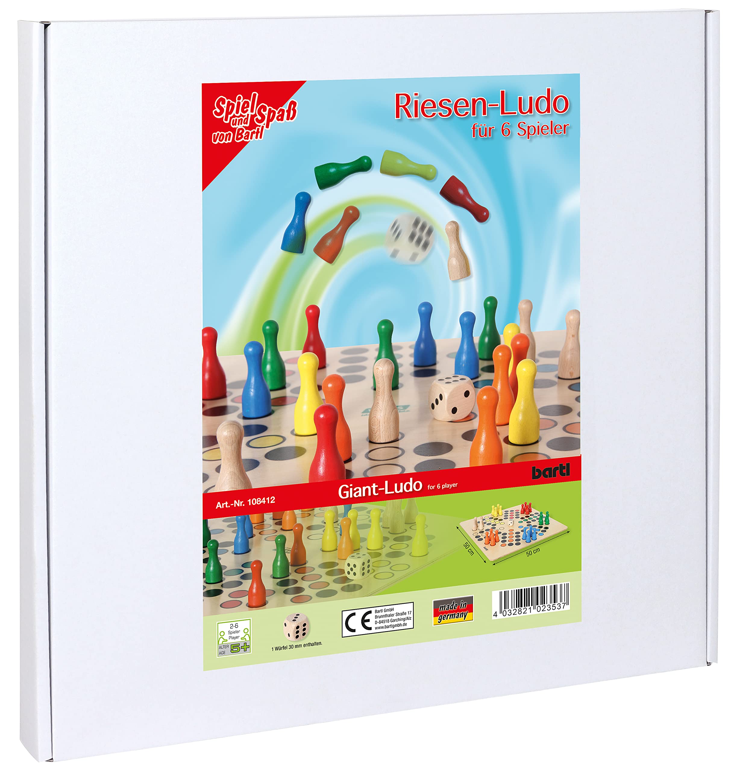 Bartl 108412 Brettspiel Ludo für 6 Personen groß aus Holz XXL Format 50cm x 50cm
