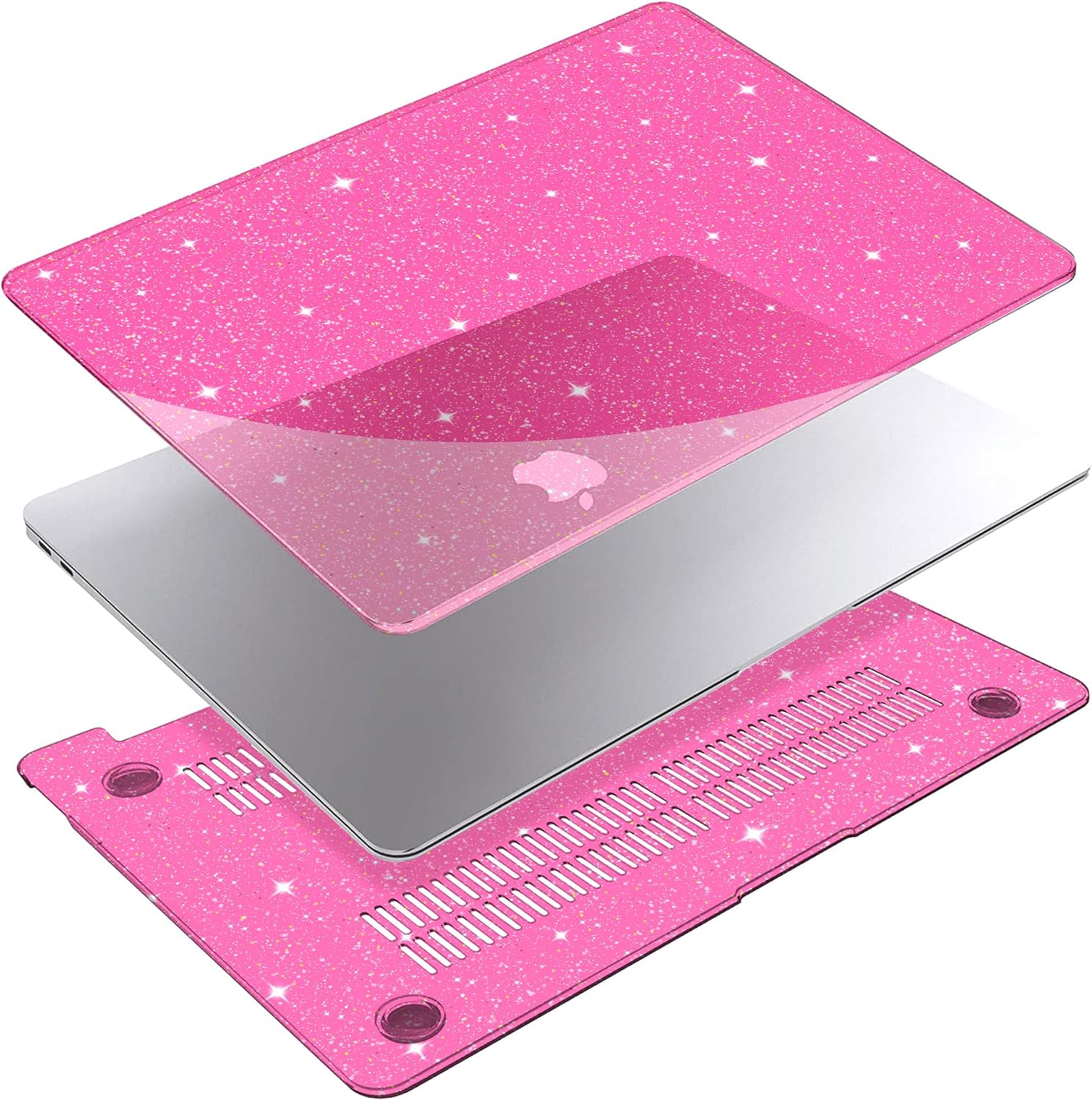 G JGOO Compatible with MacBook Air 13 inch Case 2022 2021 2020 2019 2018 Release M1 A2337 A2179 A1932 Touch ID, Glitter Plastic Hard Shell Case + Keyboard Cover + Screen Protector, Sparkly Hot Pink