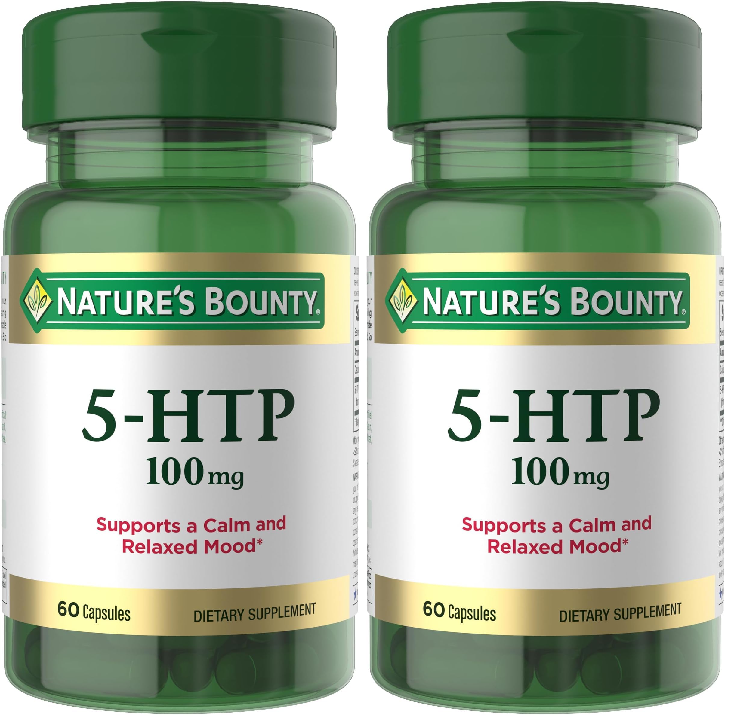 Nature's Bounty 5-HTP Pills and Dietary Supplement, Supports a Calm and Relaxed Mood, 100mg, 60 Capsules (Pack of 2) 60 Count (Pack of 2)