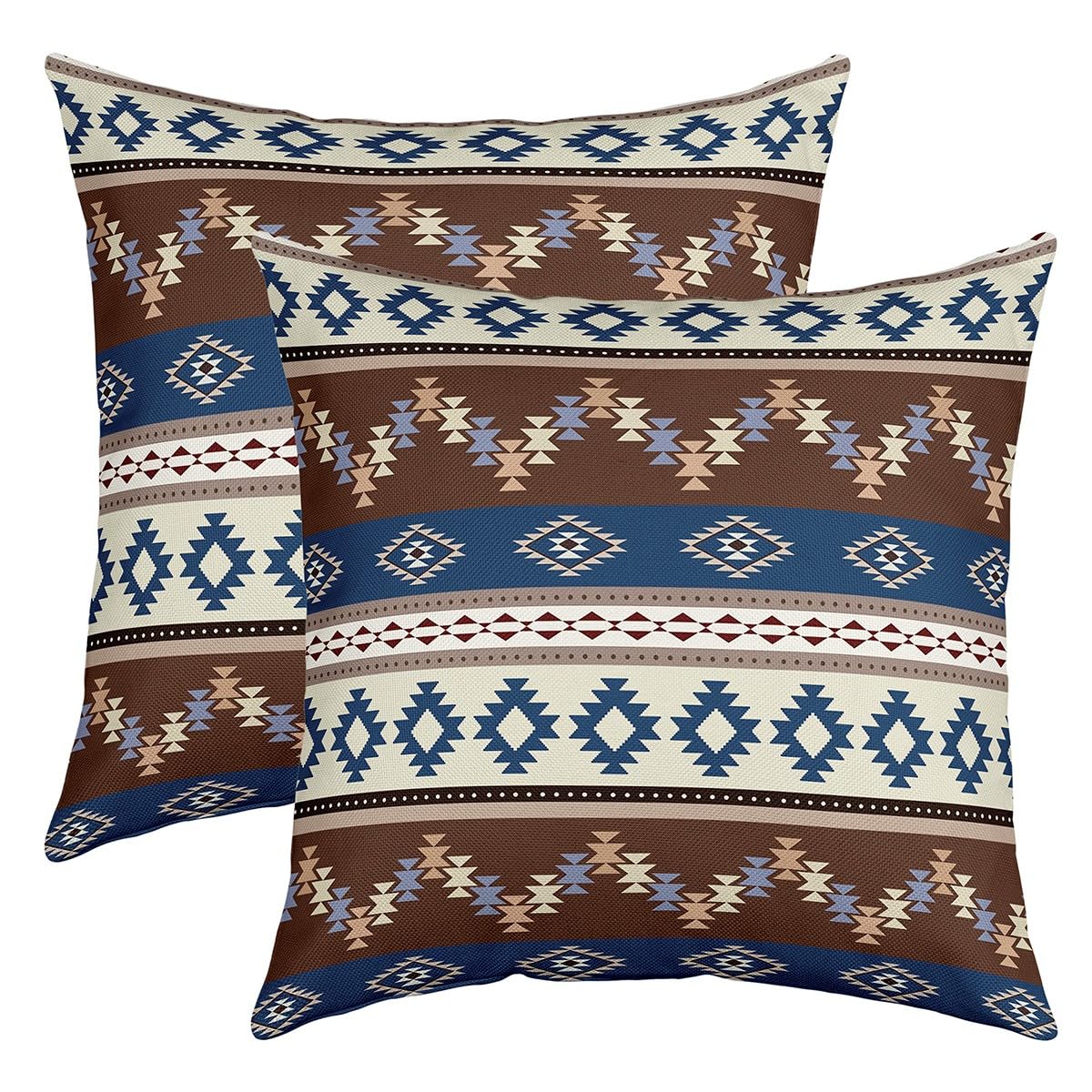 Blue Brown Western Boho Throw Pillow Covers for Girls Boys Kids 18x18 Inch Set of 2 Aztec Decorative Throw Pillowcases Southwestern Aztec Pillow Cases Cushion Covers Bohemian Cushion Case